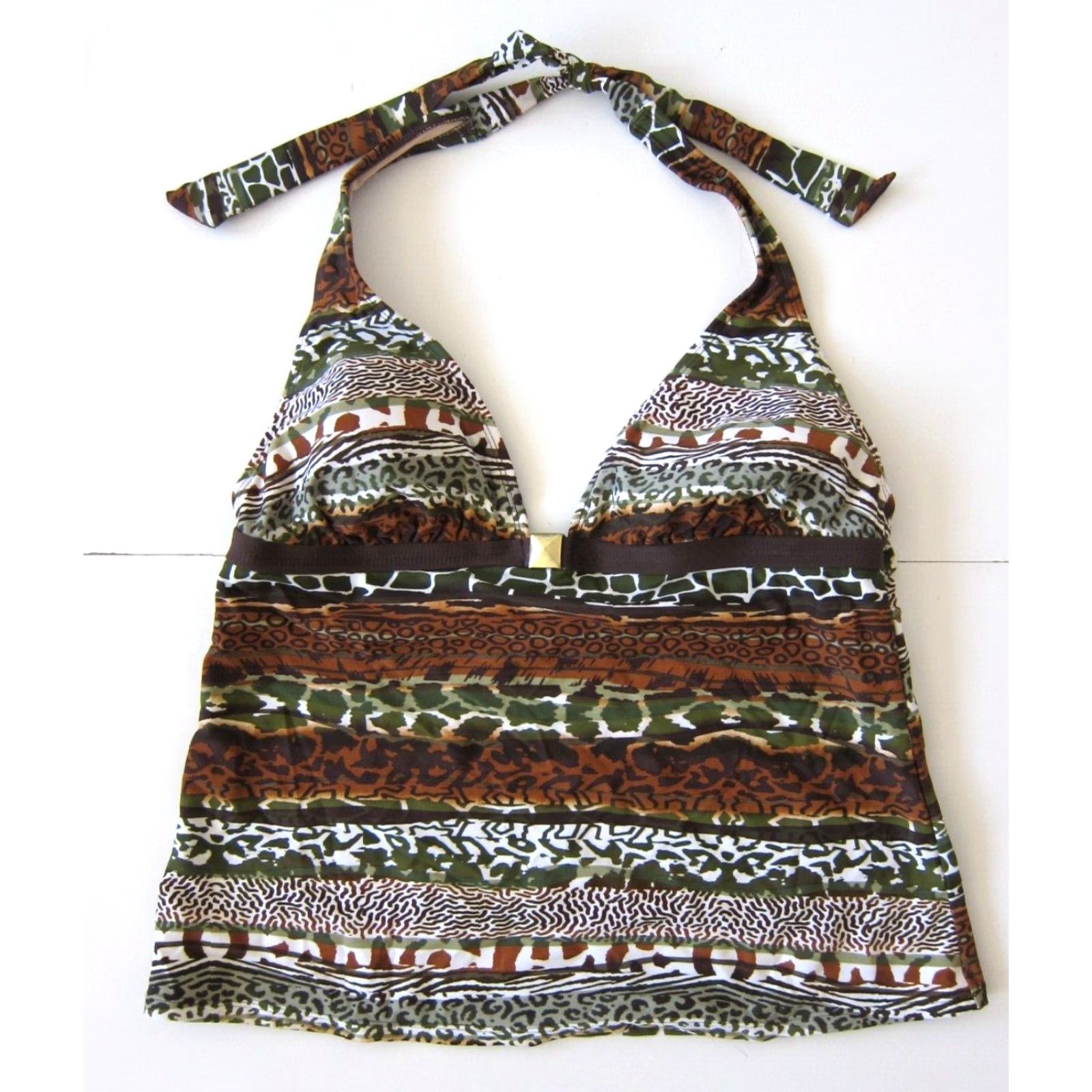 Vintage Jaclyn Smith Green Brown Animal Print Built In Bra Halter Tankini Swim Top 16 Size XXL / US 16-18 / IT 52-54 - 2 Thumbnail