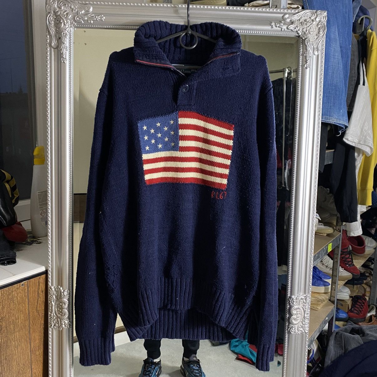 Vintage Polo Ralph Lauren USA Flag 1/4 Zip Sweater
