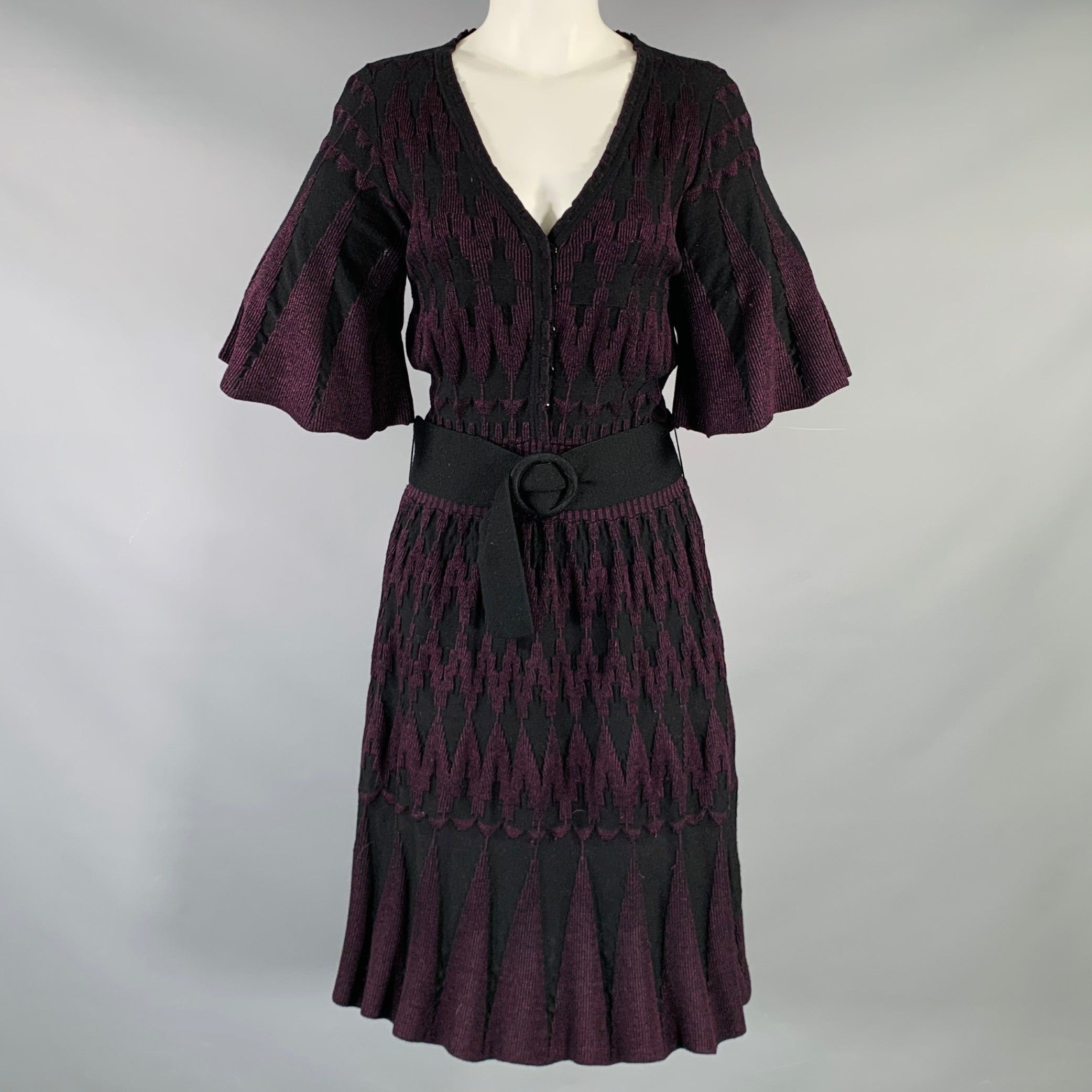 image of 3 1 Phillip Lim Purple Black Knit Geometric Belted Knee Length Dress, Women's (Size Medium)