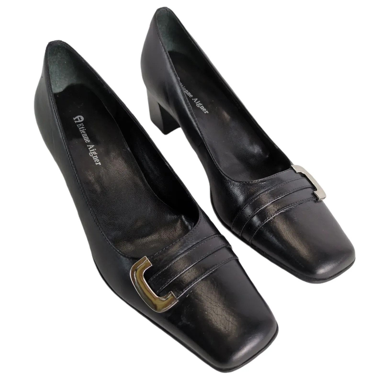Etienne Aigner Etienne Aigner Sz 8 E-Mozart Square Toe Black Leather Pumps Size US 8 / IT 38 - 1 Thumbnail
