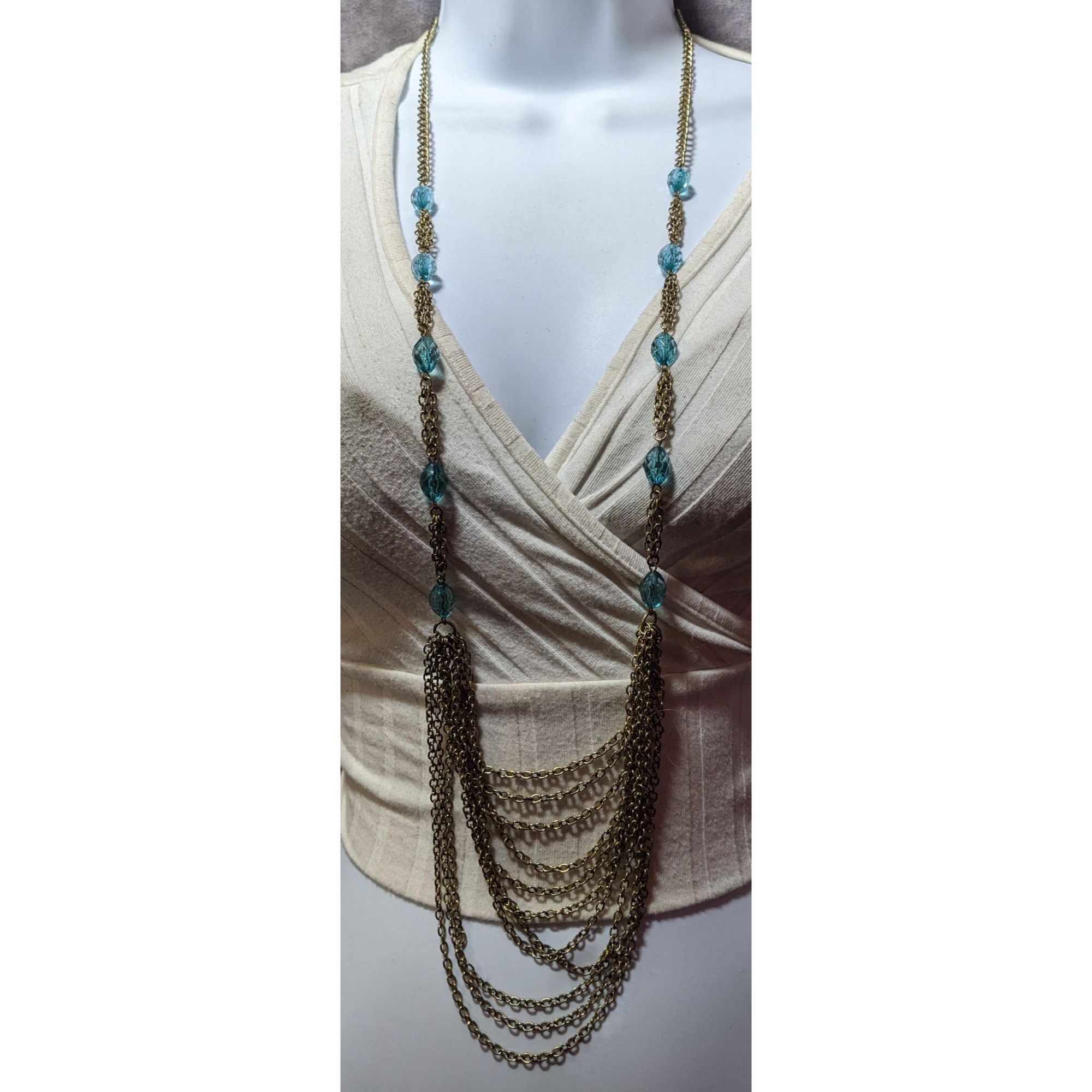 Other Layered Gold Tone Glam Necklace With Blue Beaded Accents Size ONE SIZE - 1 Thumbnail