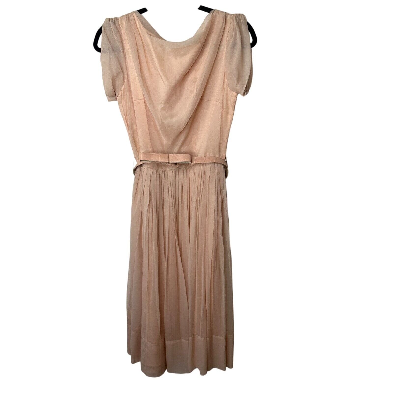 Vintage Vintage Sz 15 Peach Chiffon Pleated Belted Dress Drape Neck Size L / US 10 / IT 46 - 1 Thumbnail