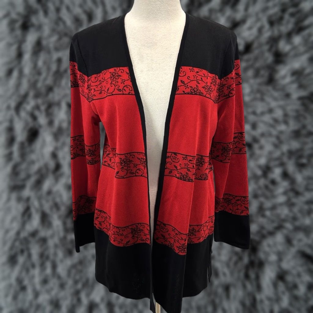 Vintage Exclusively Misook Cardigan Sweatshirt Women’s XL Red Black Floral Open Front Knit Sweater Size XL / US 12-14 / IT 48-50 - 1 Thumbnail