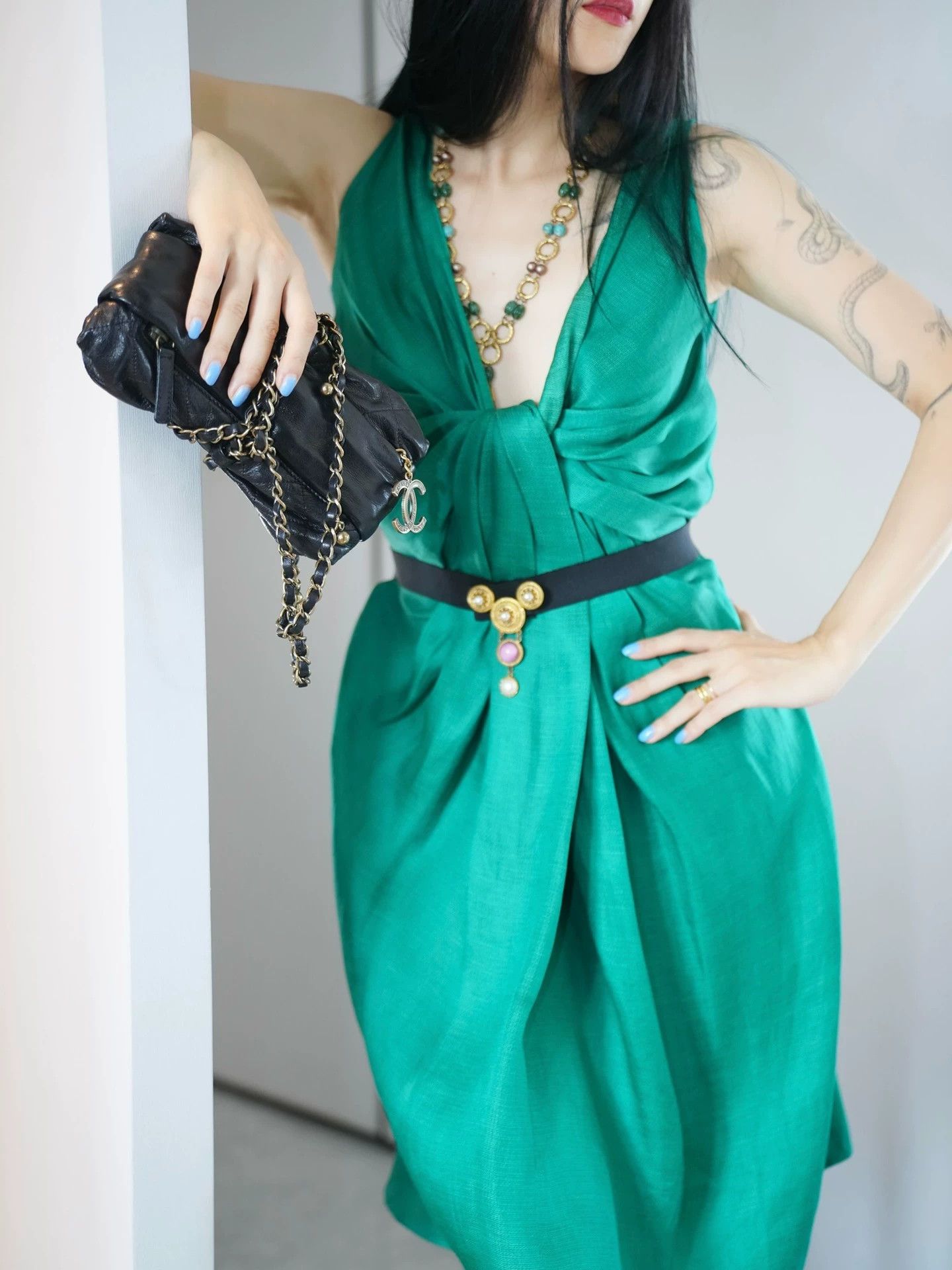 Lanvin Lanvin 2009 Vintage Silk Linen Green Knot Deep V Dress Fr38 Size S / US 4 / IT 40 - 7 Thumbnail