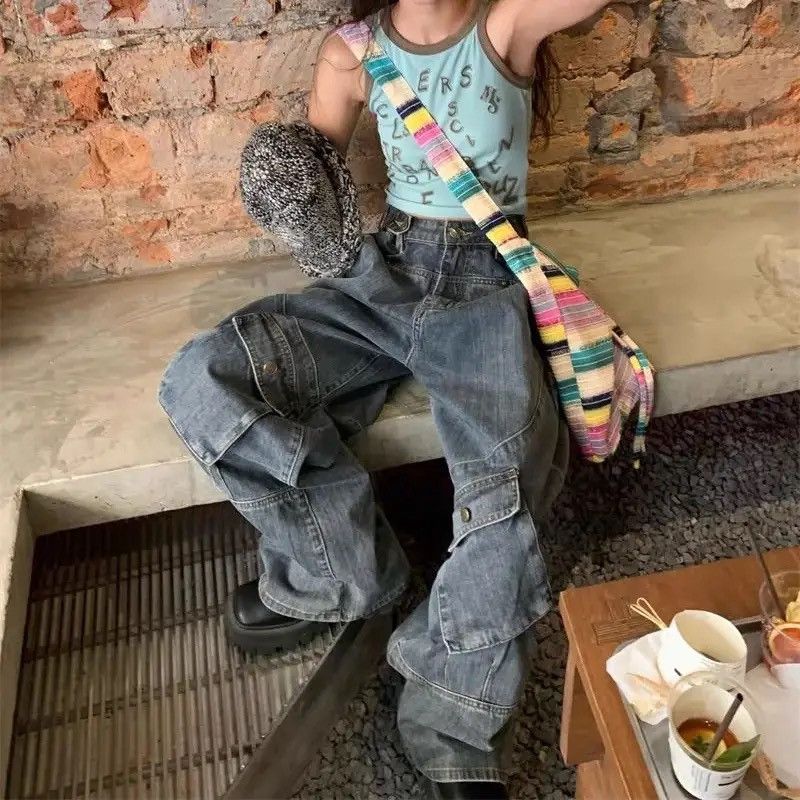 Japanese Brand × Vintage Vintage Cargo Jeans Women Oversize Y2K Grunge Baggy Denim Size 31" - 6 Thumbnail