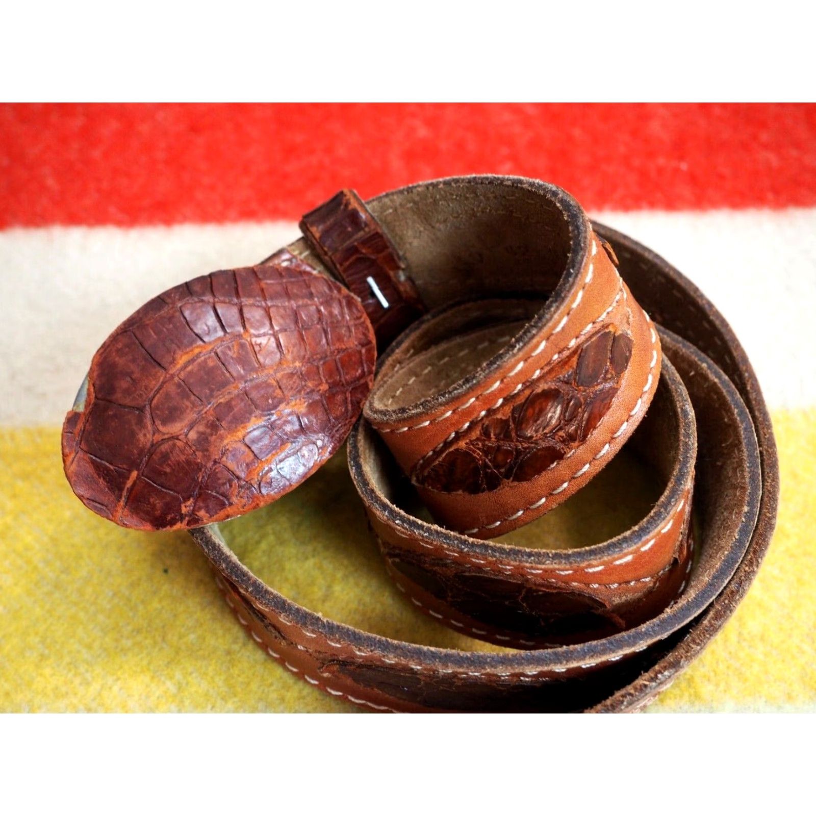 Vintage VTG Brown Leather Tooled Western Cowboy Faux Crocodile Alligator Belt 42W Unbranded Unisex Adult Leather Rockabilly Casual Size ONE SIZE - 4 Thumbnail