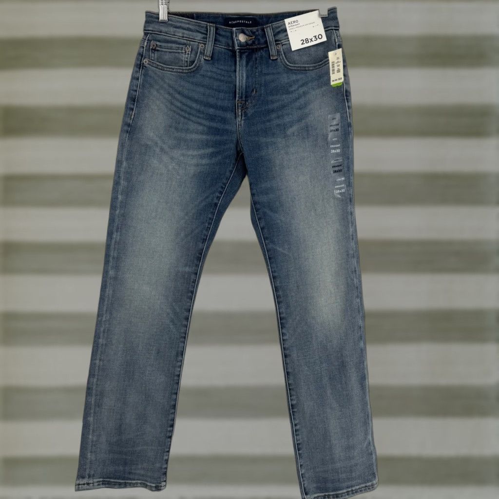Aeropostale Aeropostale Jeans 28x30 Denim Straight Blue Light Wash NWT Mens Casual Classic 5-Pocket Distressed Stretch Size US 28 / EU 44 - 1 Thumbnail
