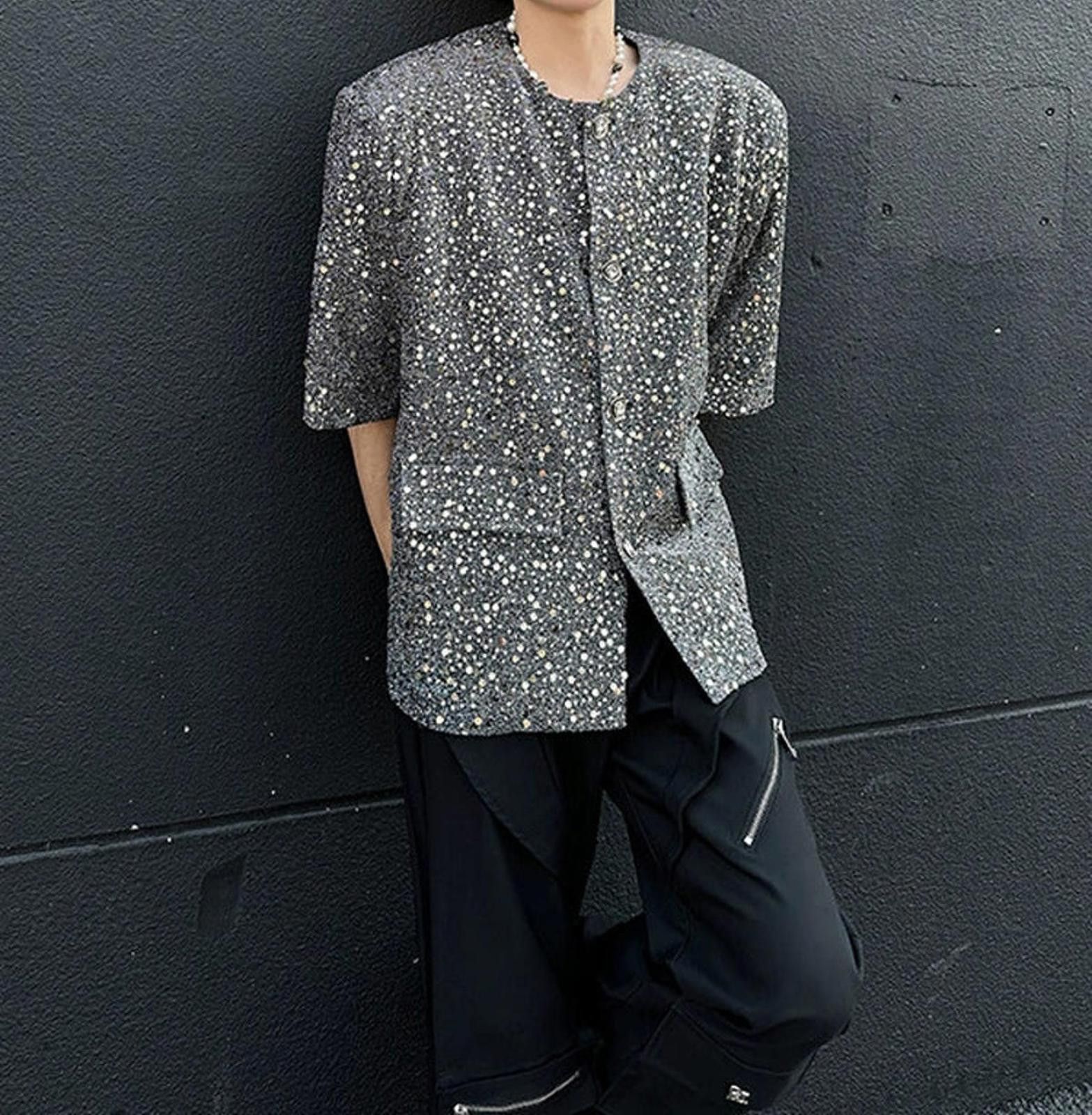 Japanese Brand Black Rhinestone Speckled Oversized Short Sleeve Jacket Size US L / EU 52-54 / 3 - 3 Thumbnail
