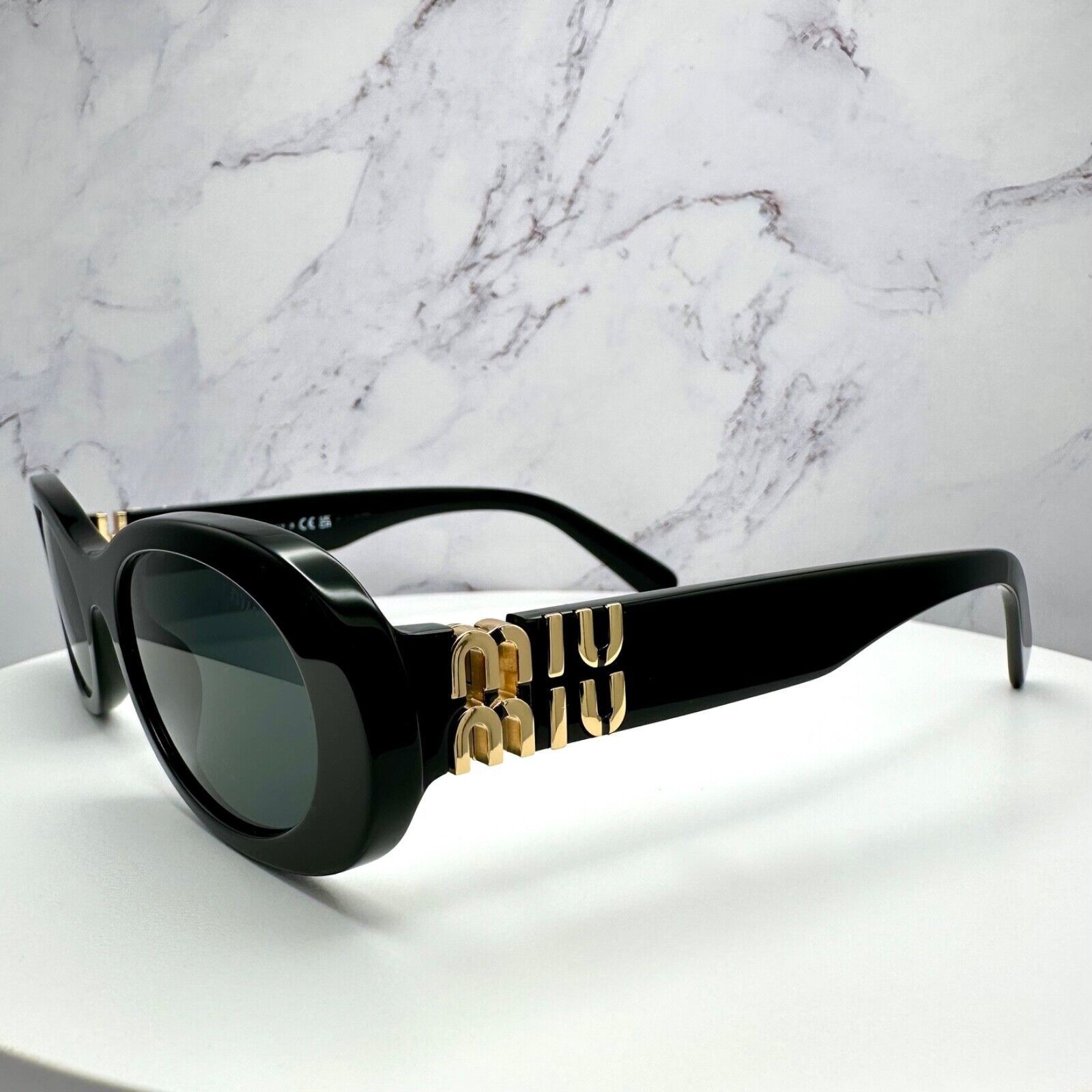 Miu Miu New MIU MIU Sunglasses Black Oval Gold Metal Logo Authentic Size ONE SIZE - 13 Thumbnail