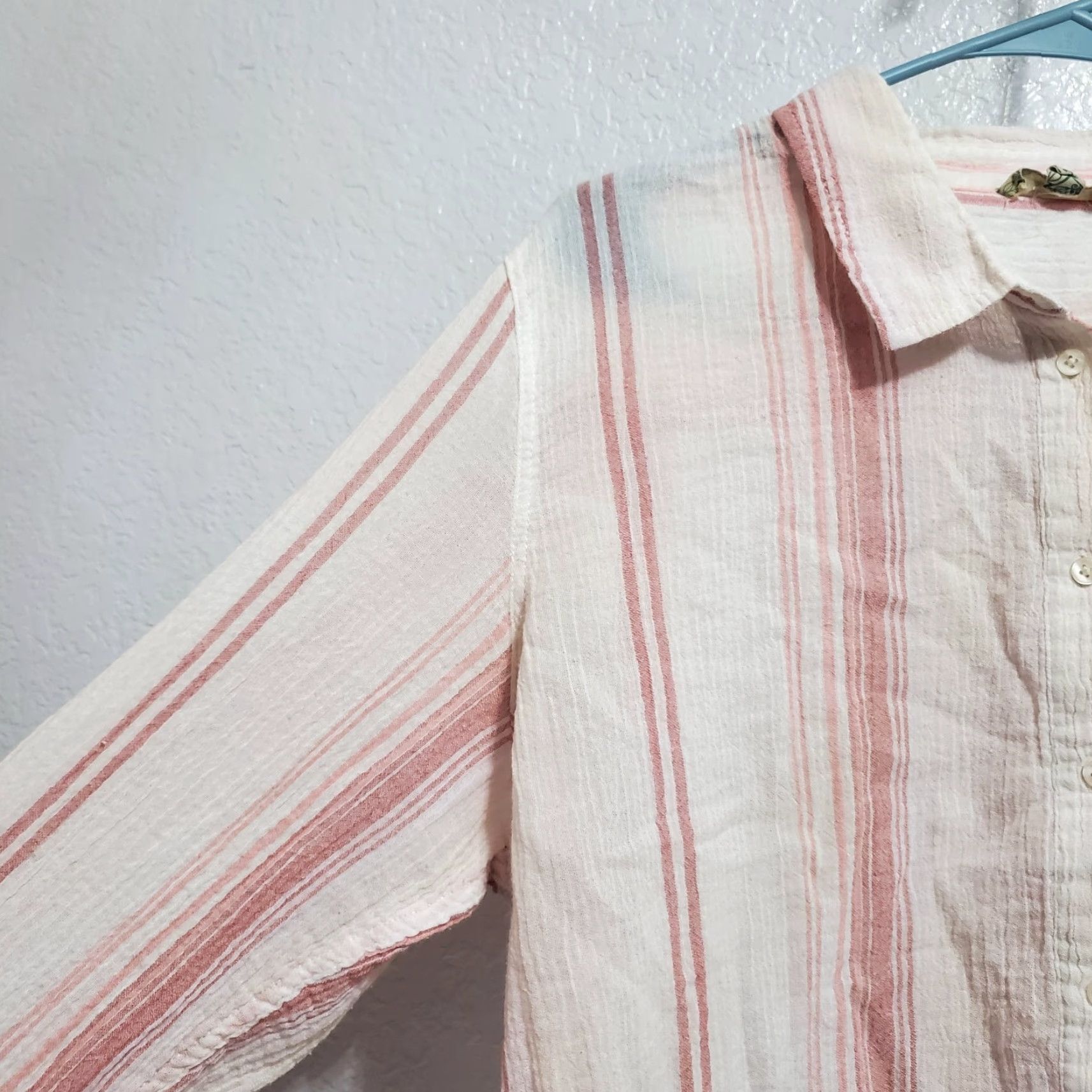 Pinko VINTAGE Fleur Bleue Top Women XL Ivory Pink Striped Cotton Button Up Lightweight Beachy Size XL / US 12-14 / IT 48-50 - 5 Thumbnail