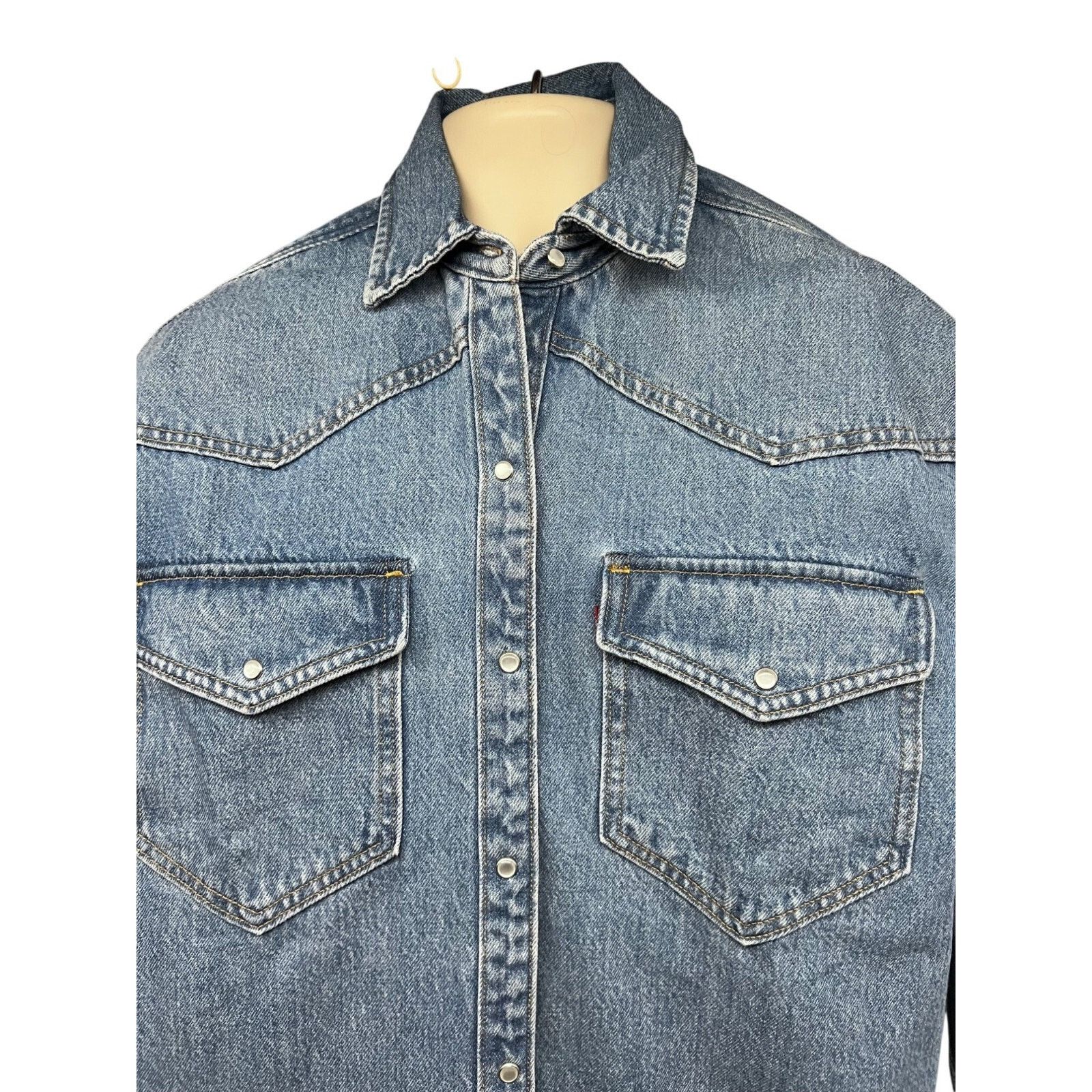 Levi's Levis Sawtooth Denim Pearl Snap Up Shirt Small Flap Pockets Size US S / EU 44-46 / 1 - 4 Thumbnail