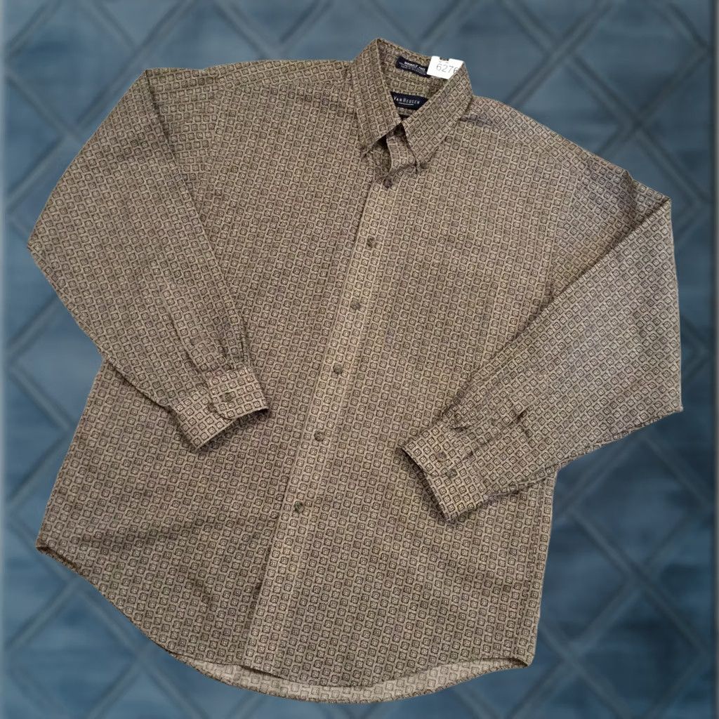 Van Heusen Van Heusen Shirt Mens M Beige Geometric Long Sleeve Button-Down Shirt Size US M / EU 48-50 / 2 - 1 Thumbnail