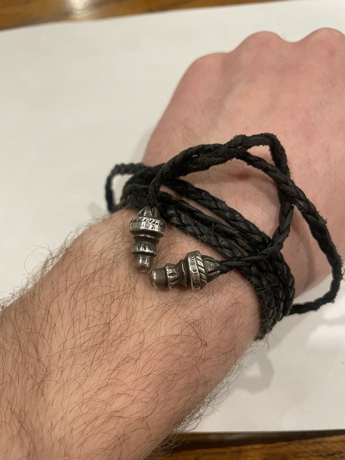 image of Chrome Hearts Leather Bolo Tie Braid Bracelet Silver Tips in Black/Silver, Men's