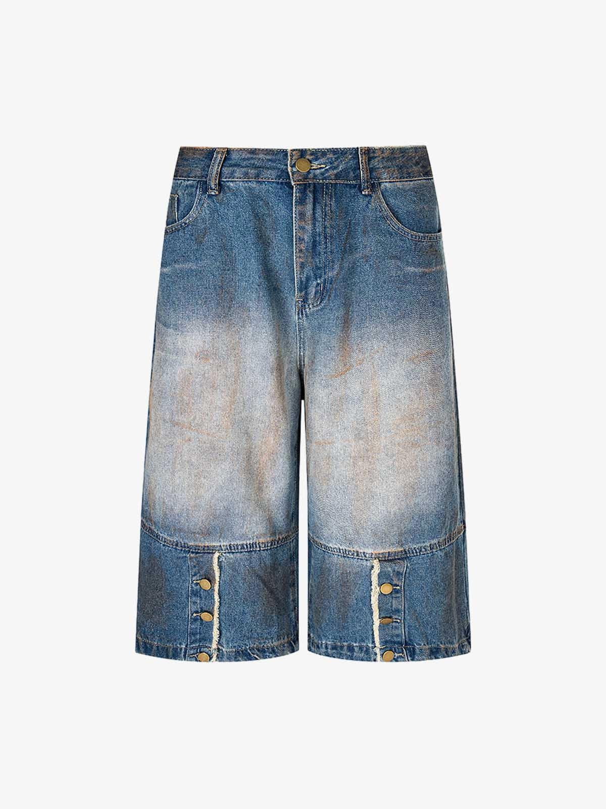 Jean Distressed Buttons Raw Edge Dirty Denim Shorts Size US 32 / EU 48 - 1 Thumbnail