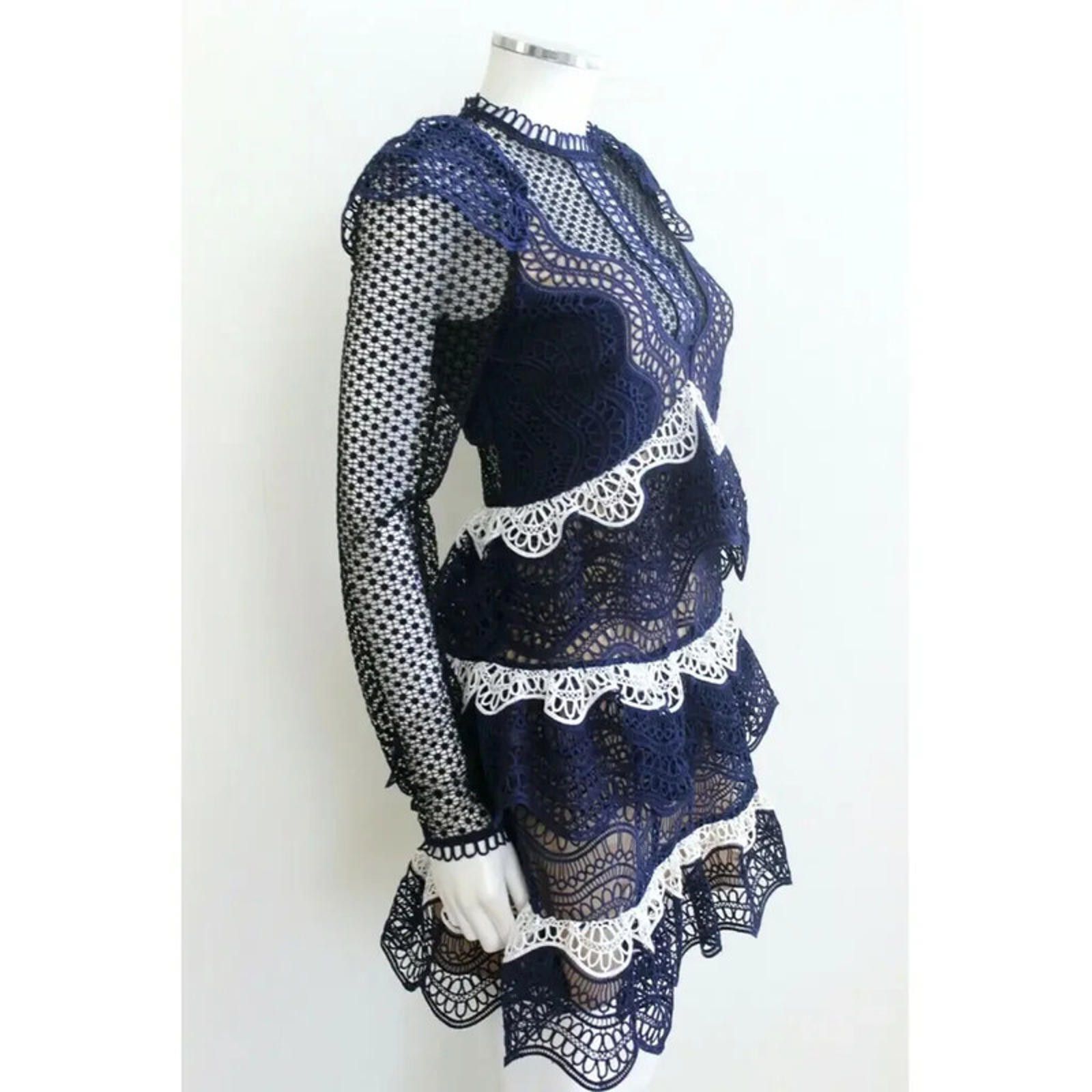 Other Self Portrait navy blue guipure lace ruffled mini dress uk 8 Size S / US 4 / IT 40 - 2 Thumbnail