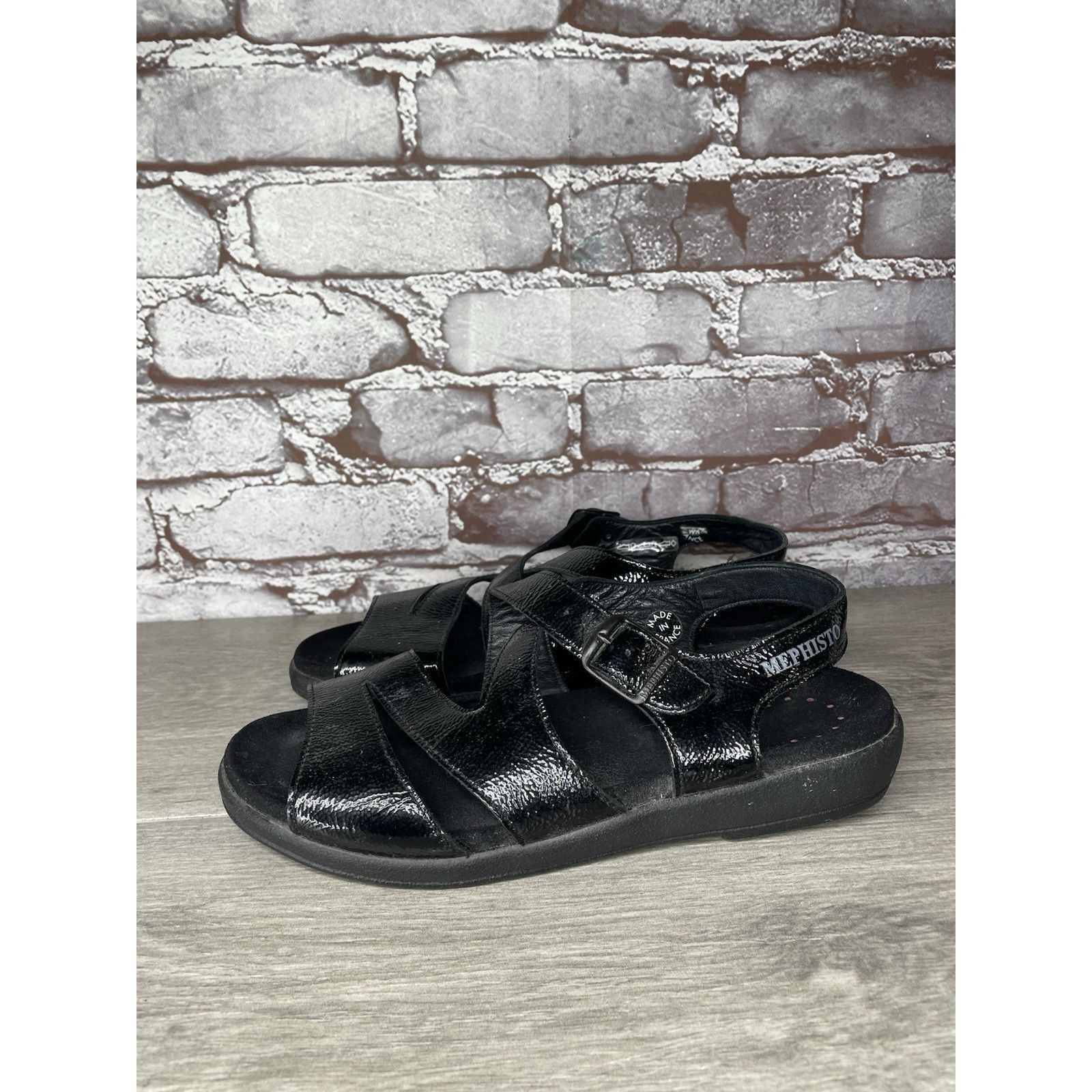Mephisto Mephisto Black Patent Leather Strappy Low Wedge Sandals Wome Size US 10 / IT 40 - 1 Thumbnail