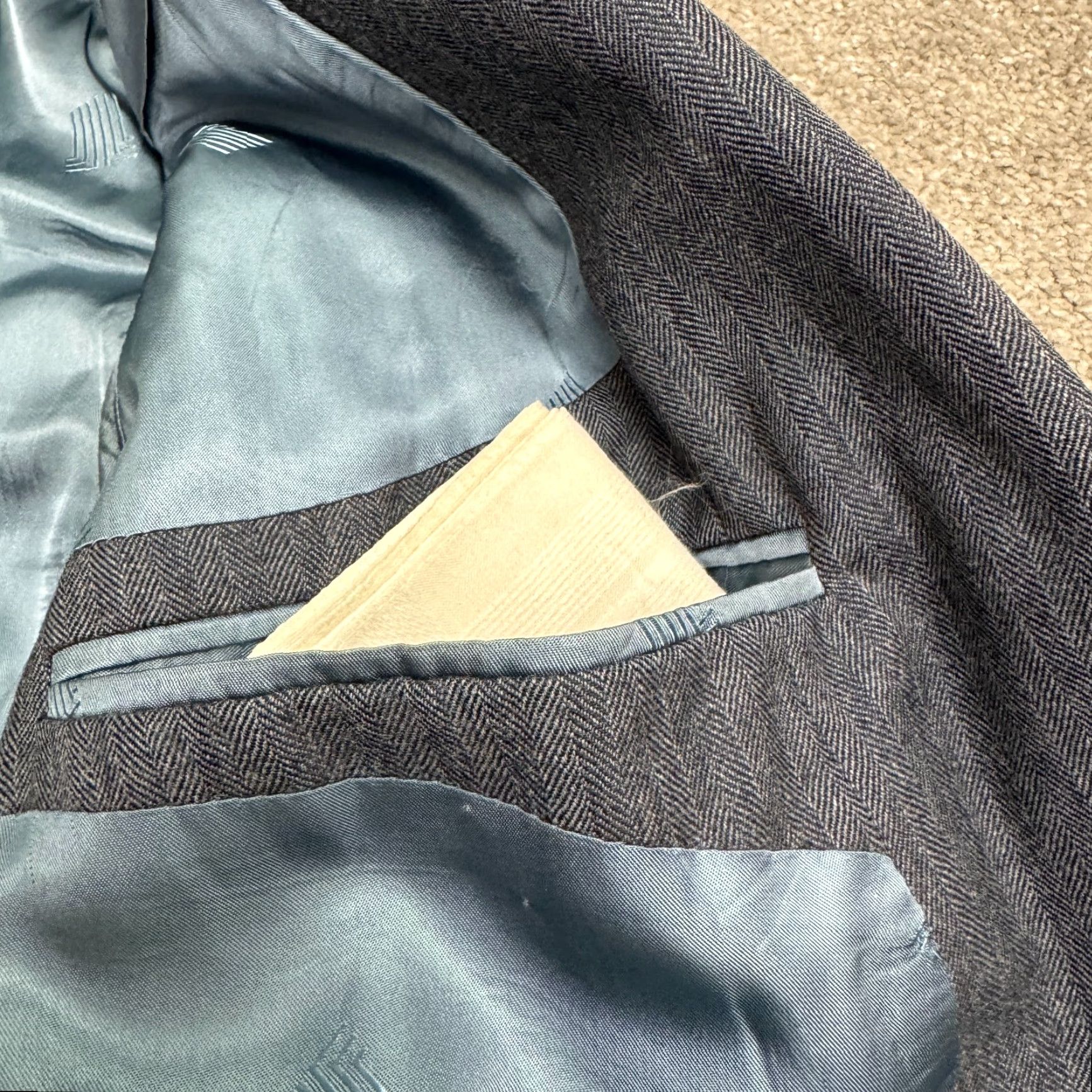 Lanvin VINTAGE Lanvin Barneys NY Wool Blazer Jacket Men Gray Herringbone Notch Single-Breasted 2-Button Dry Clean Only Regular-Fit Chest 40 Size 40R - 7 Thumbnail