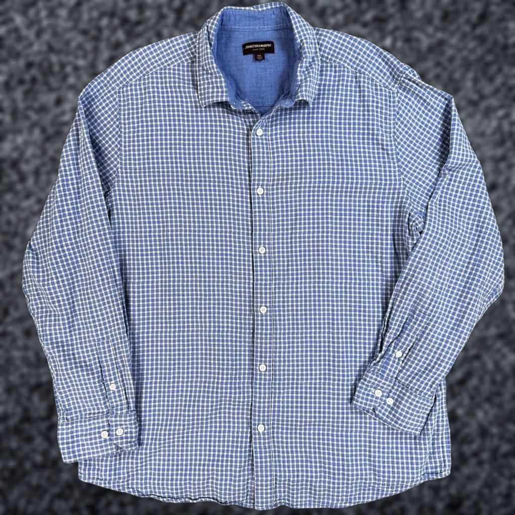 Johnston & Murphy Johnston & Murphy Shirt Button-Up Mens 2XL Blue Plaid Shirt Button Up Check Cotton Long Sleeve Men Size US XXL / EU 58 / 5 - 1 Thumbnail