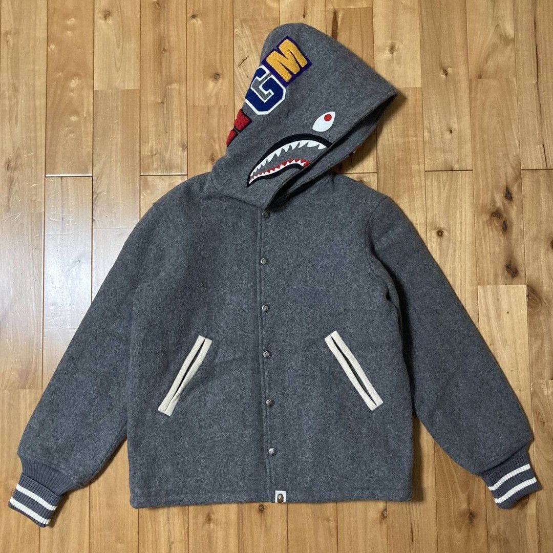 Bape BAPE Melton wool SHARK HOODIE VARSITY JACKET a bathing ape Size US S / EU 44-46 / 1 - 1 Thumbnail