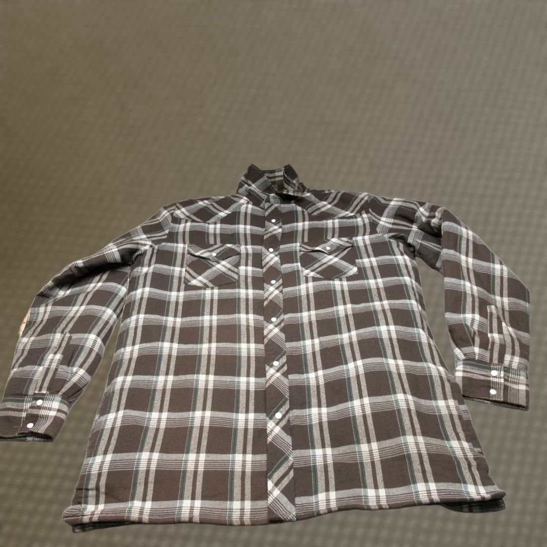 Wrangler Wrangler Mens Large Tall Brown Quilted Lined Pearl Snap Plaid Flannel Jacket Size US L / EU 52-54 / 3 - 1 Thumbnail
