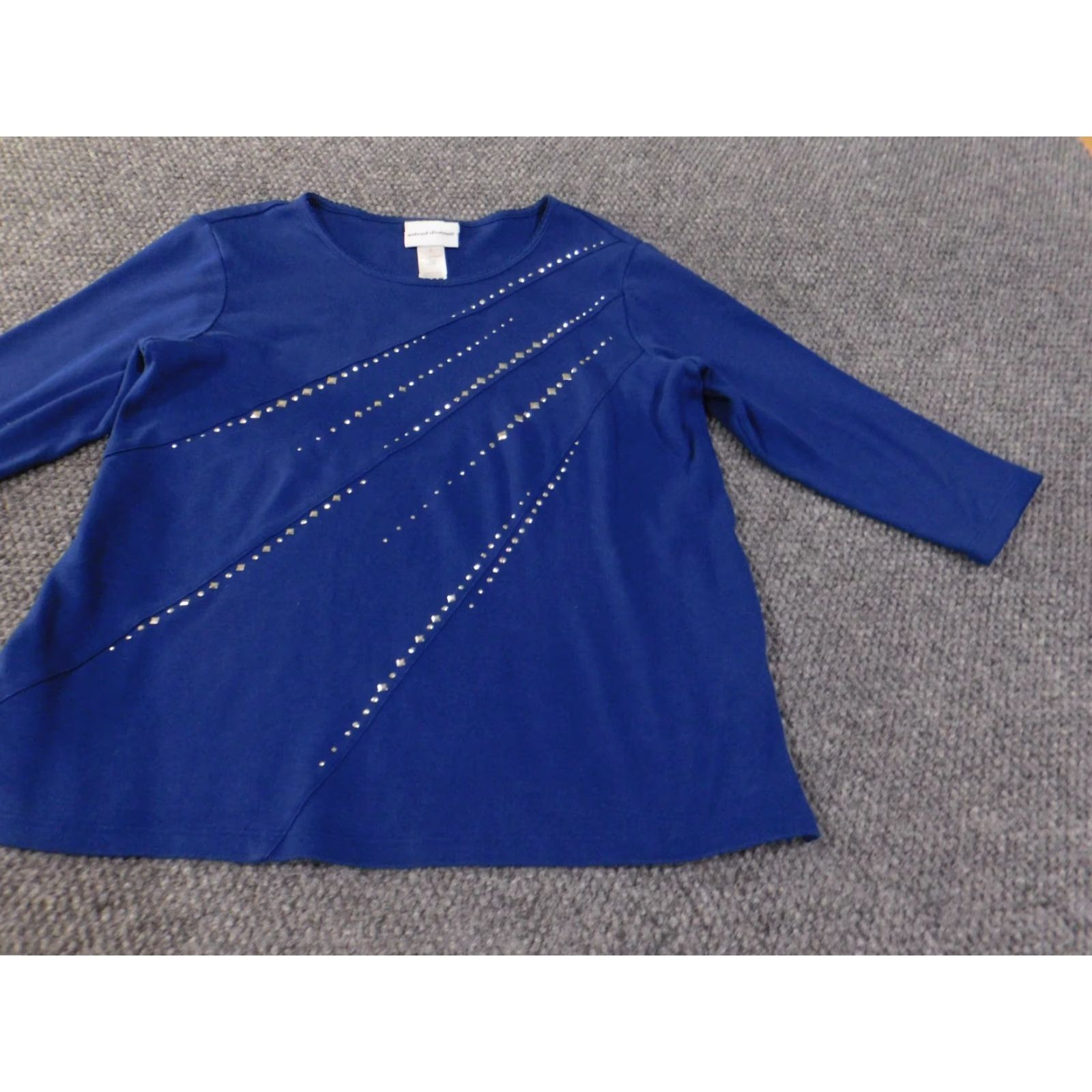 Vintage Alfred Dunner Blouse Shirt Women S Blue Knit Beaded Beads Rhinestones Round Neck Long Sleeve Stretch Casual Size S / US 4 / IT 40 - 3 Thumbnail