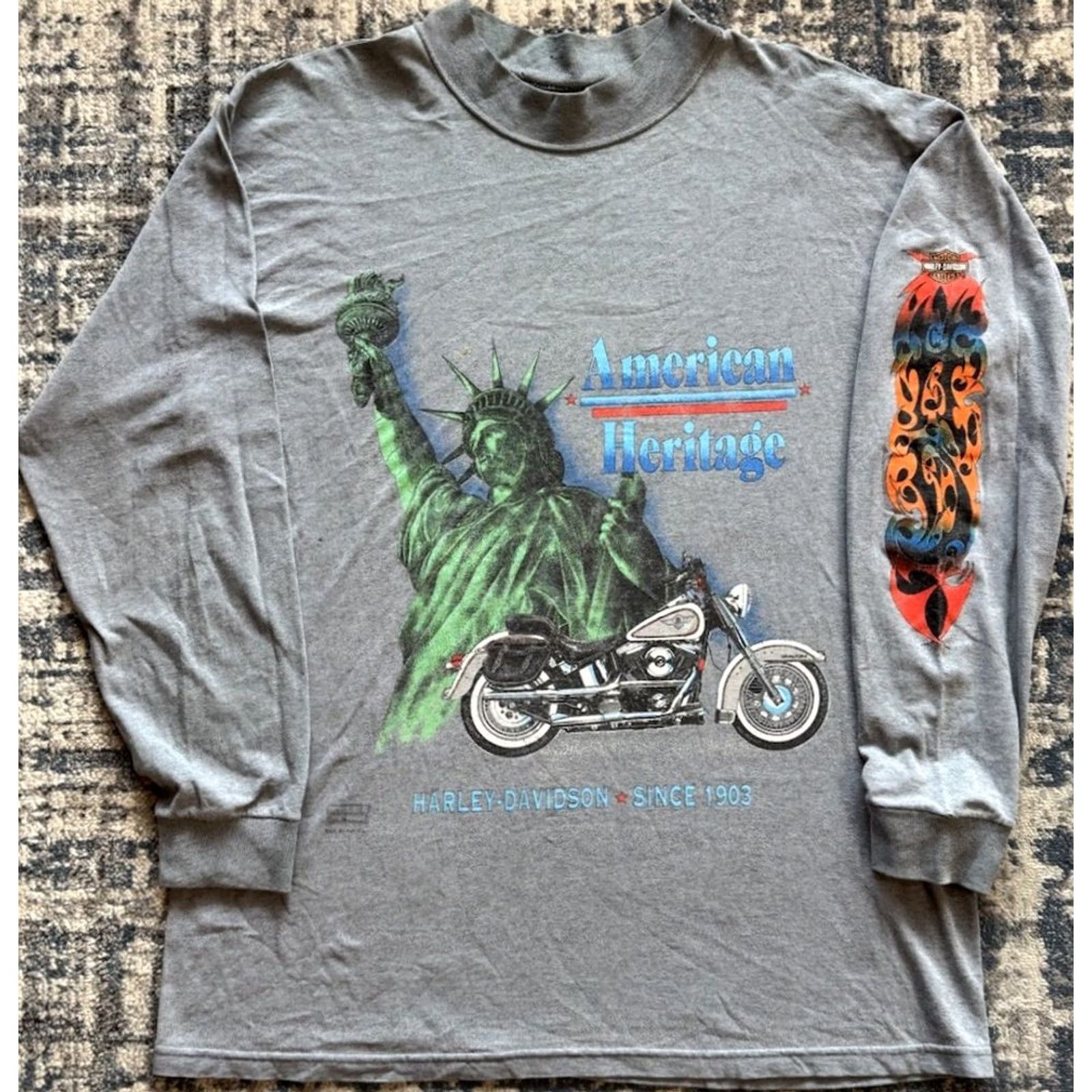Harley Davidson VINTAGE Harley-Davidson 90s American Heritage T Shirt XL Gray Long Sleeve Flames Graphic Print Men Size US XL / EU 56 / 4 - 2 Thumbnail