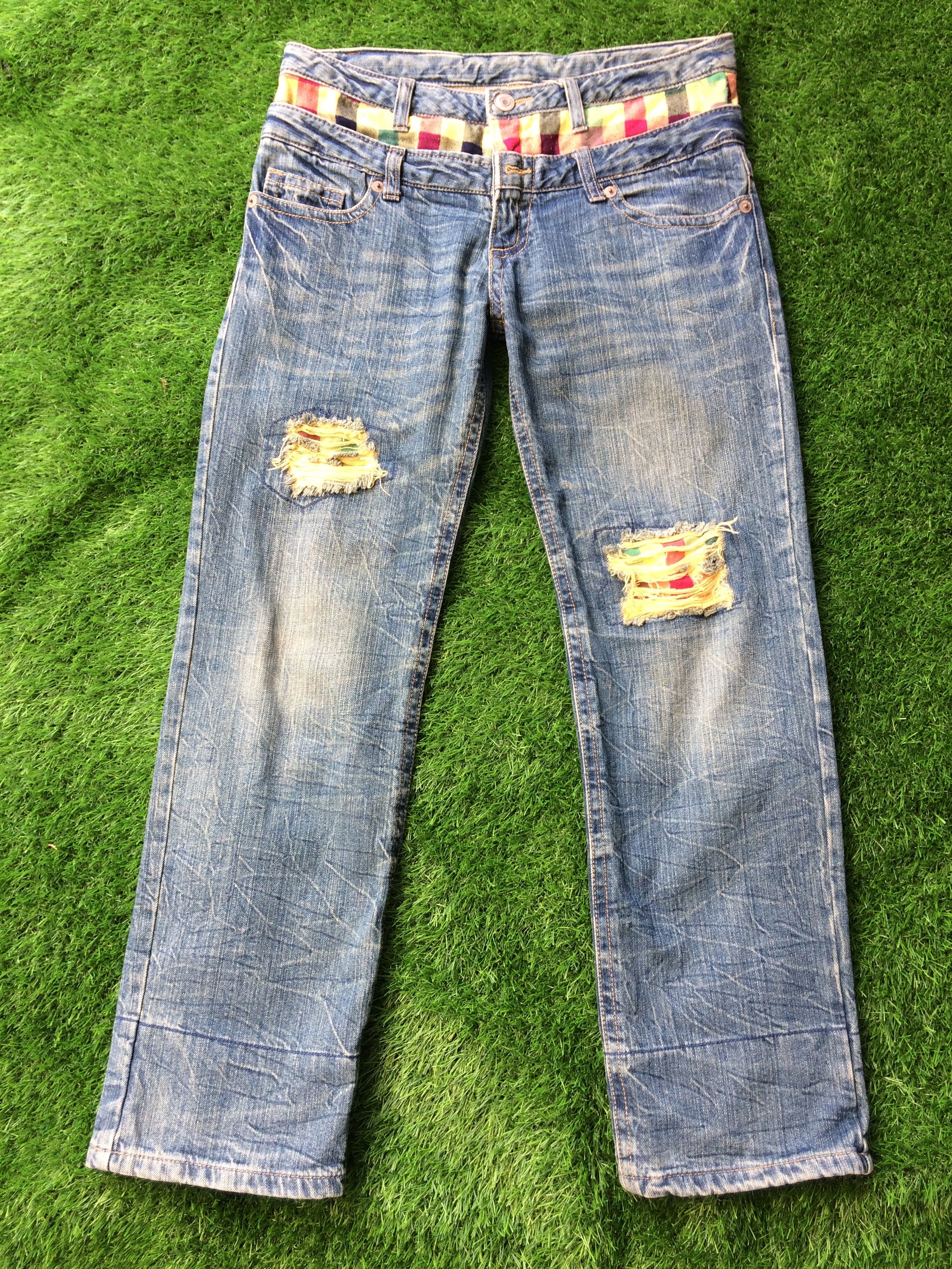 Japanese Brand × Vintage Vtg Distressed Double Waist Checkered Denim Jeans D-689 Size US 31 - 1 Thumbnail