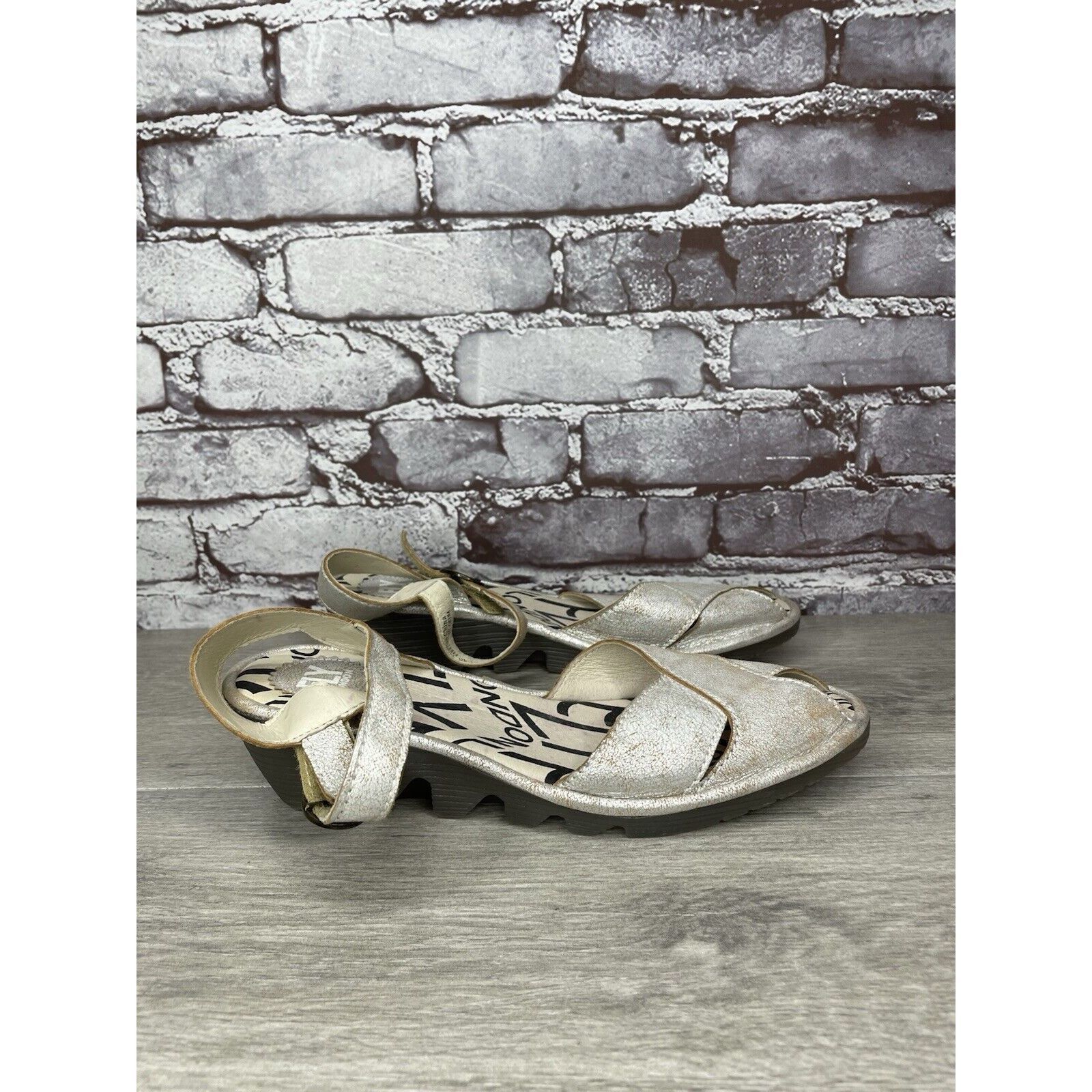 Fly London FLY London Pero Silver Metallic Crackled Peep Toe Wedge Sand Size US 9.5 / IT 39.5 - 3 Thumbnail