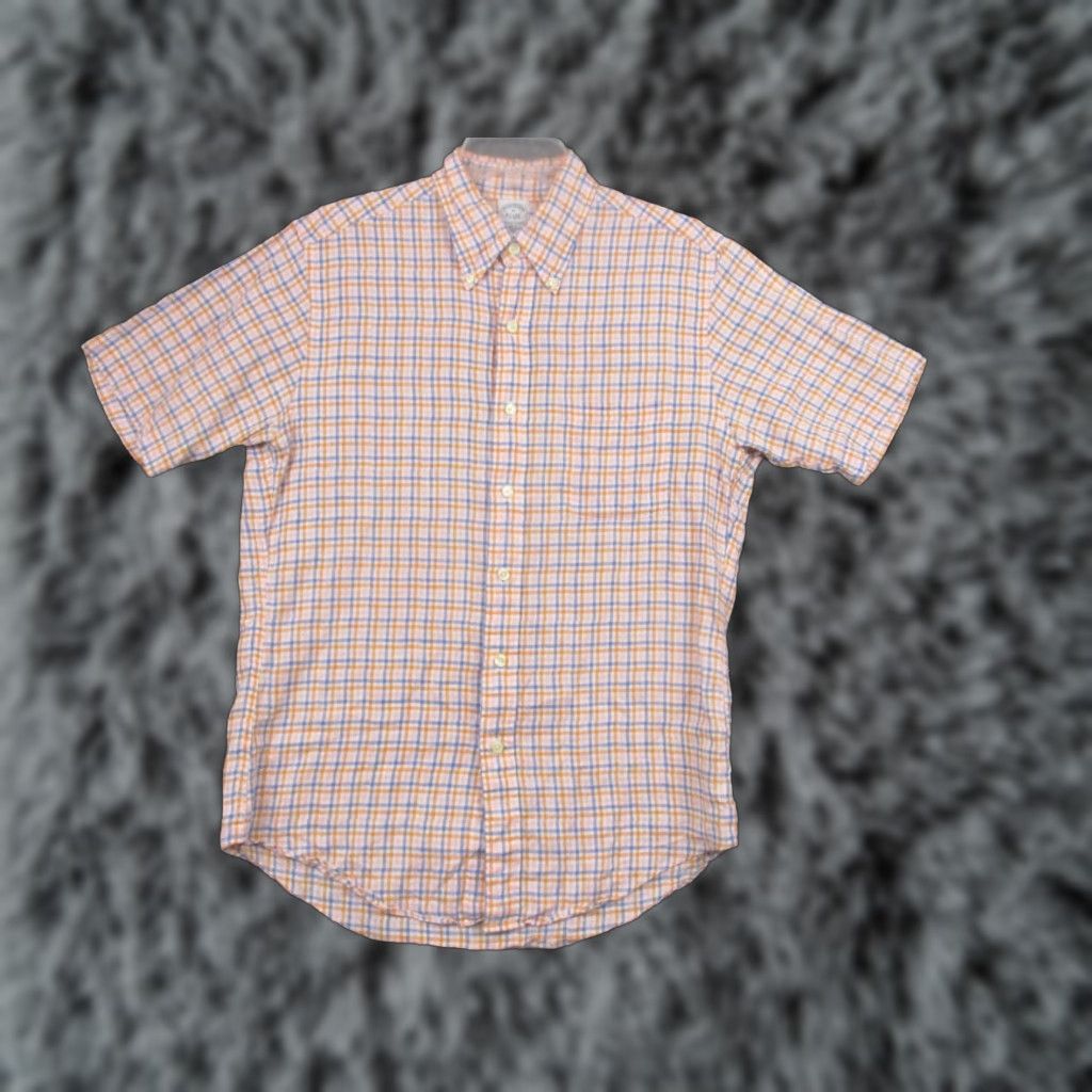 Brooks Brothers Brooks Brothers Shirt Mens Medium Pink Orange Blue Plaid Linen Button Down Size US M / EU 48-50 / 2 - 1 Thumbnail