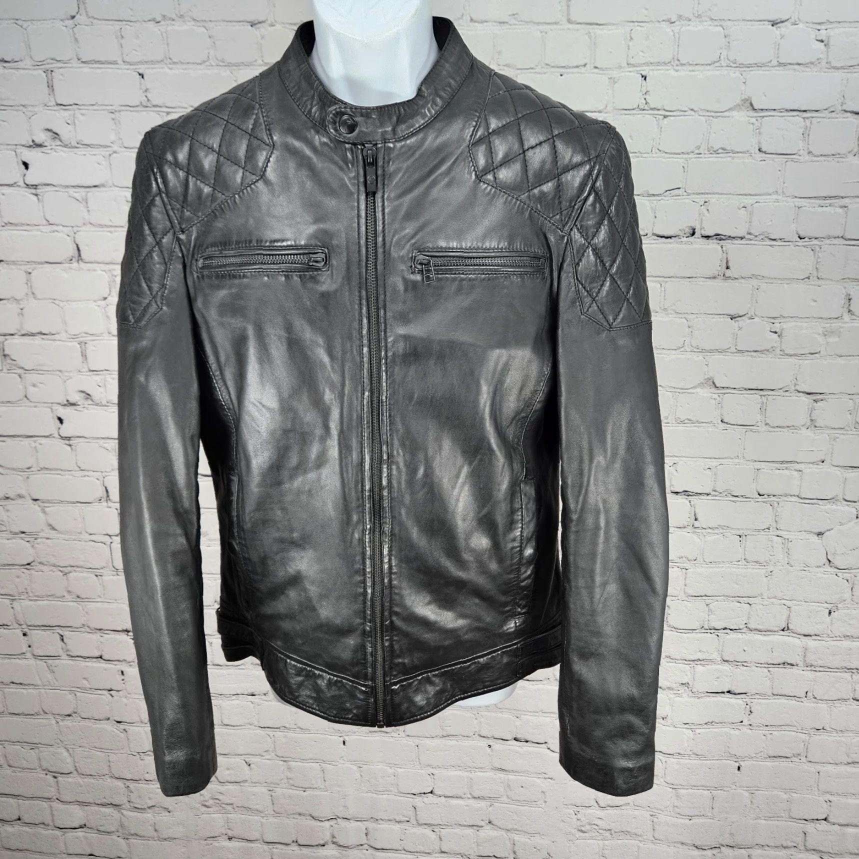 GOOSECRAFT Goosecraft Jacket Black Genuine Leather Short Moto Quilted Cotton Lined Zip Pockets Bands Collar Men M 41in Chest Size US M / EU 48-50 / 2 - 2 Thumbnail