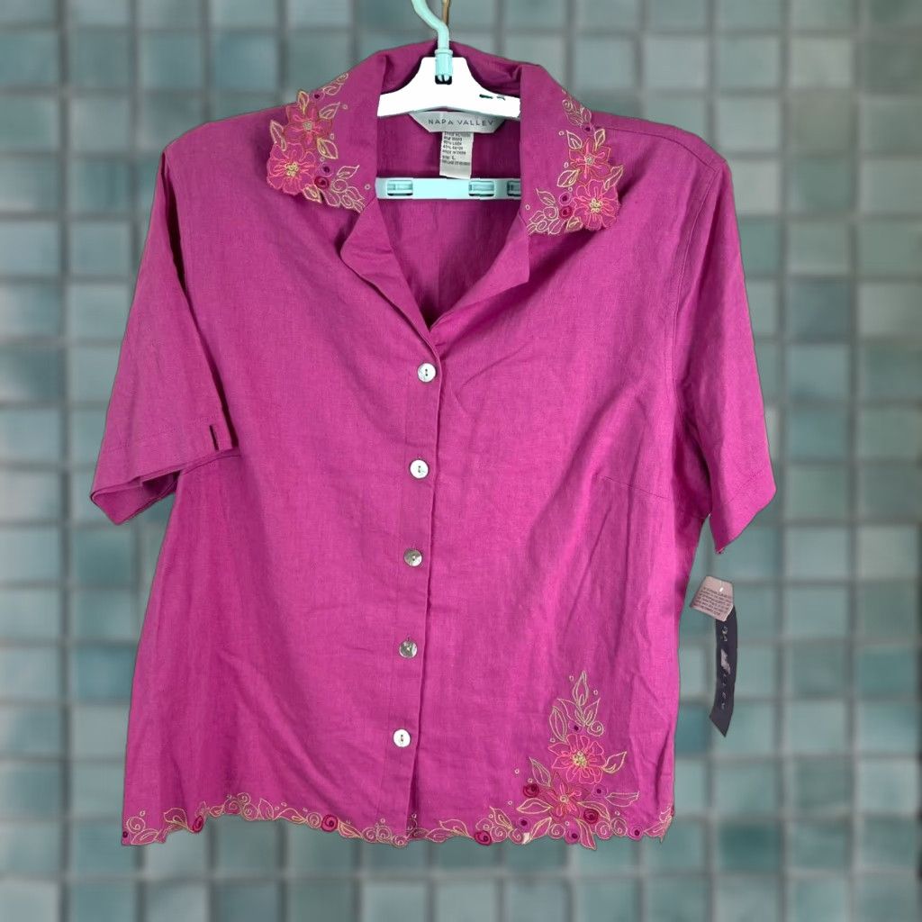 Vintage VINTAGE Napa Valley Linen Blend Button-Up Shirt Womens Junior Size L Pink Floral Casual Summer Size L / US 10 / IT 46 - 1 Thumbnail