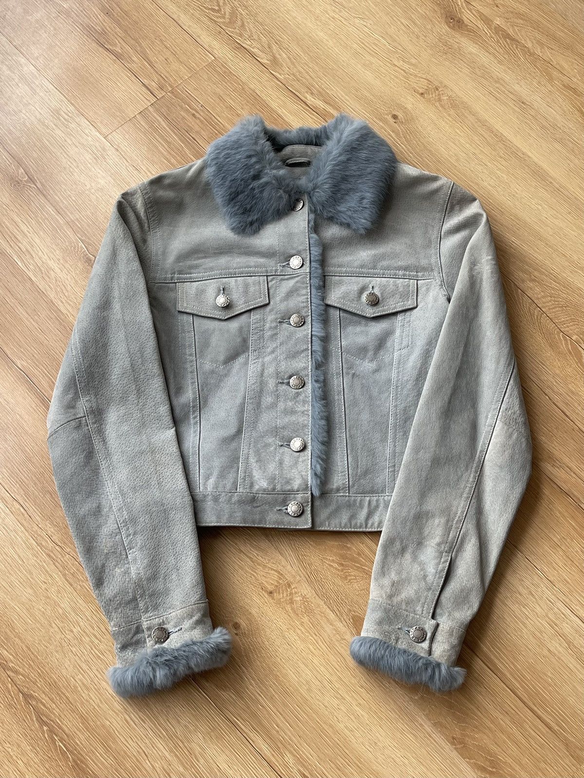 Vintage REAL RABBIT FUR Archive Baby Blue Suede Leather Jacket Y2K Size S / US 4 / IT 40 - 1 Thumbnail