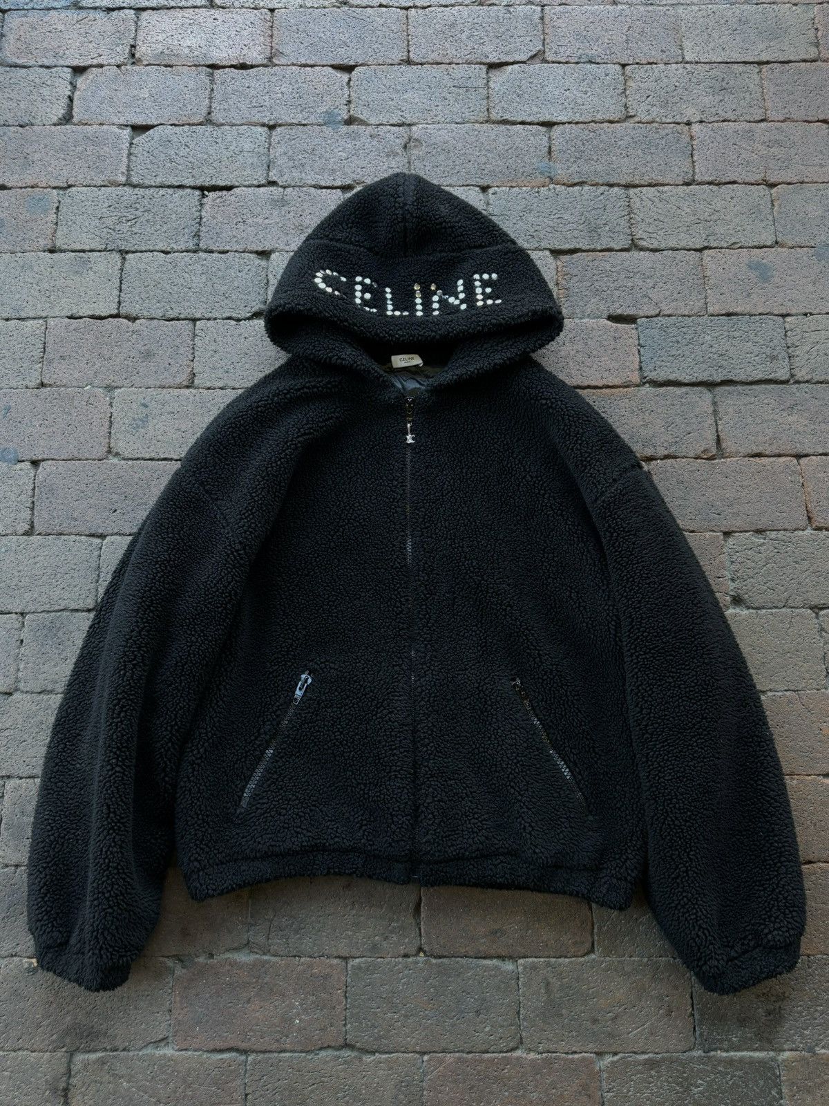 image of Celine Quilted Fleece Studded Hood Zip Up Jacket in Black, Men's (Size XL)