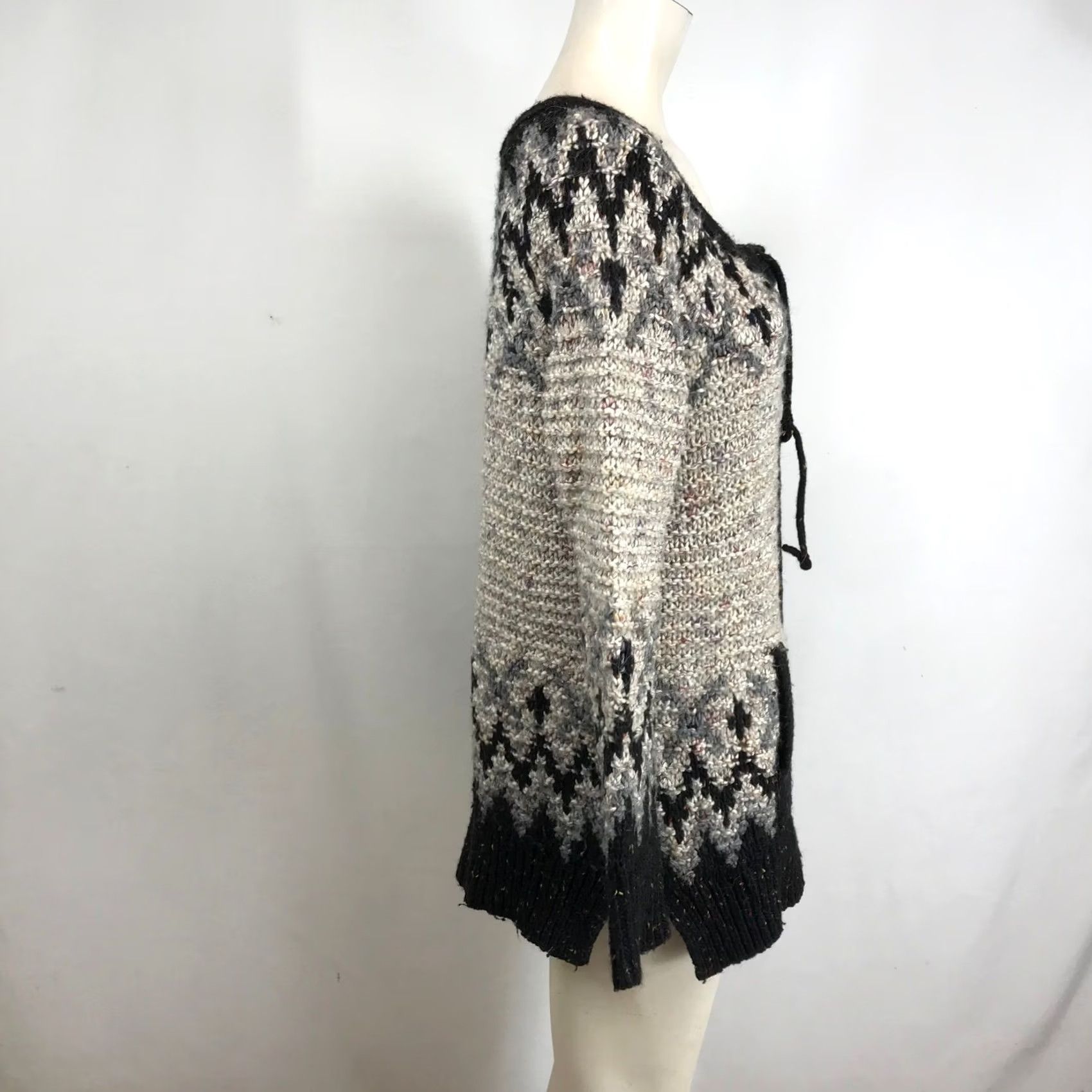 Free People Free People Fair Isle Lace-Up Chunky Knit Sweater Womens M Black Grey Cream Multicolor Casual Winter Sweater Size M / US 6-8 / IT 42-44 - 4 Thumbnail