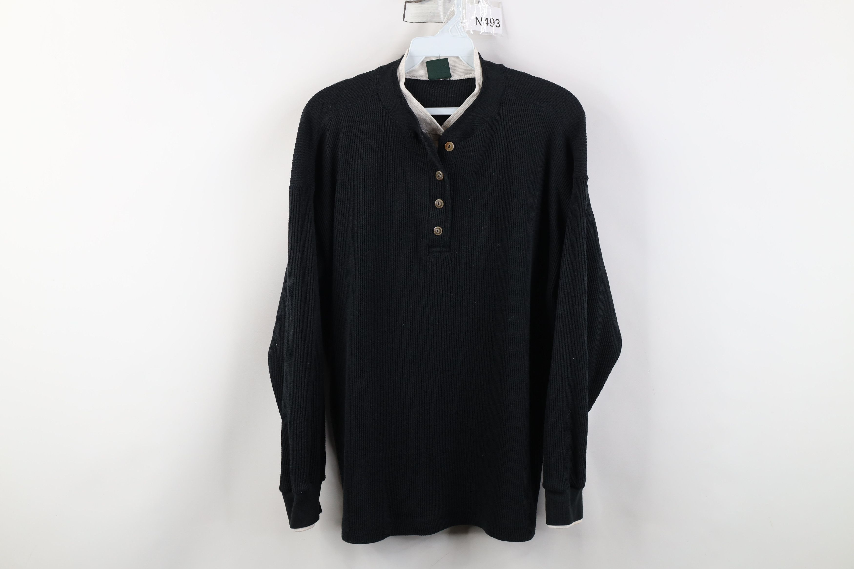 Vintage Vintage 90s Streetwear Waffle Knit Henley T-Shirt Black Size L / US 10 / IT 46 - 1 Thumbnail