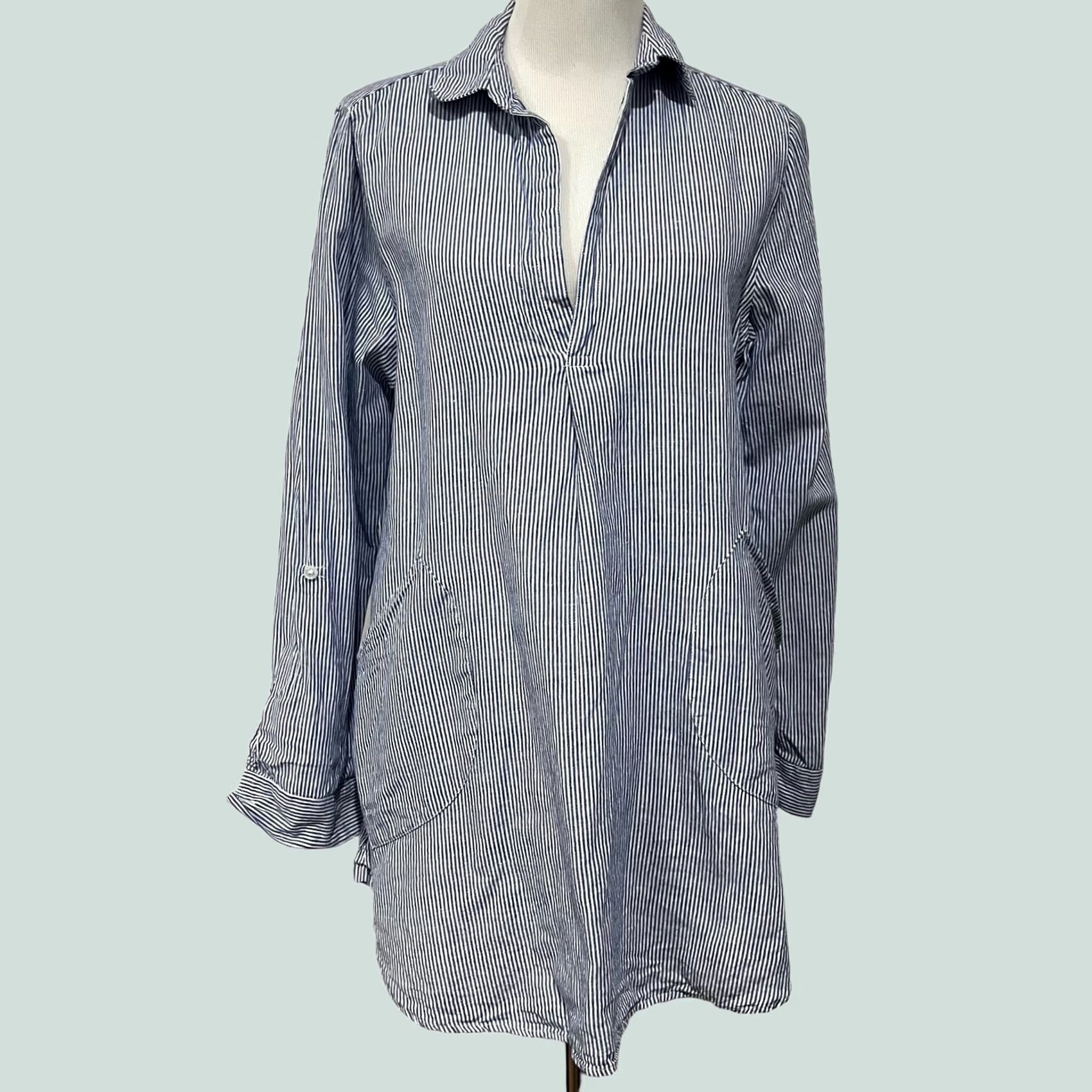 Vintage VINTAGE For Cynthia Blue Striped Linen Blend Cover Up Tunic Roll Tab Sleeves M Women Shirt, Blues, 32-33 Length, 40 Chest, 24 Sleeve, Preowned Size M / US 6-8 / IT 42-44 - 1 Thumbnail