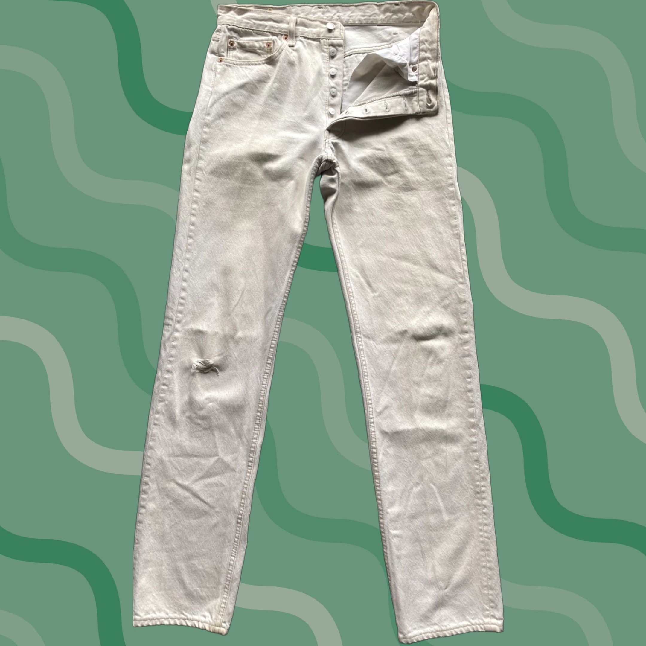 Levi's VINTAGE Levi’s 501 Jeans Mens 33x36 White Made In USA Flaws Damage Wear 90s VTG Pants Mens Jeans White 1994 Size US 33 - 1 Thumbnail