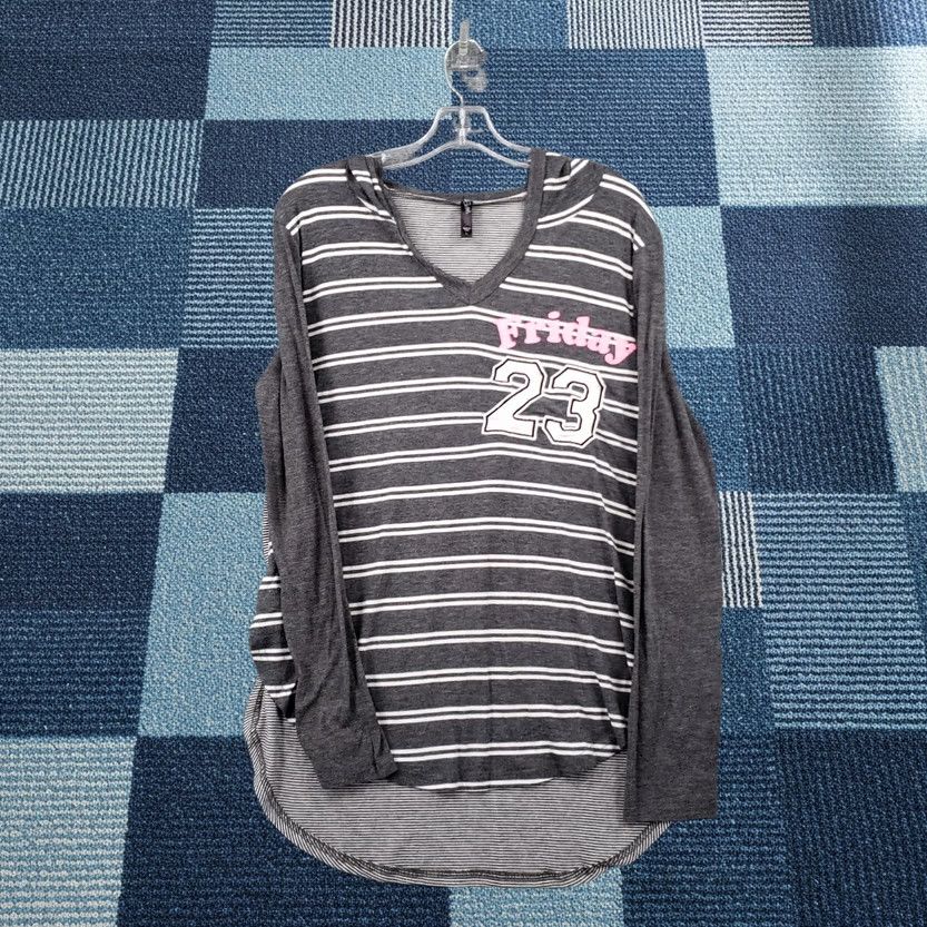 Vintage Electric Pink Tunic Shirt Womens L Gray V-Neck Hooded Striped Friday 23 Size L / US 10 / IT 46 - 1 Thumbnail