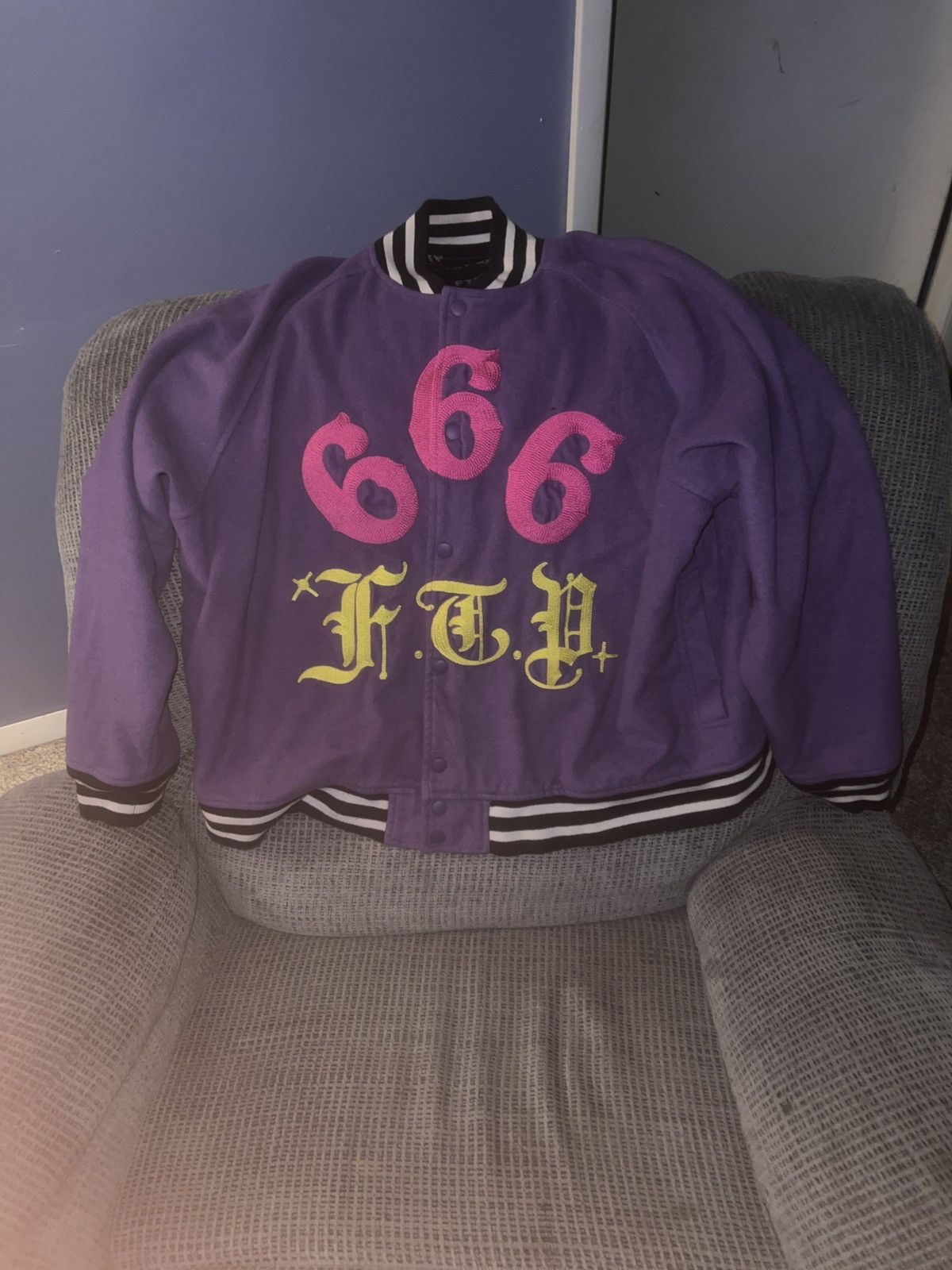 image of Fuck The Population 666 Gino Varsity Jacket in Purple, Men's (Size XL)