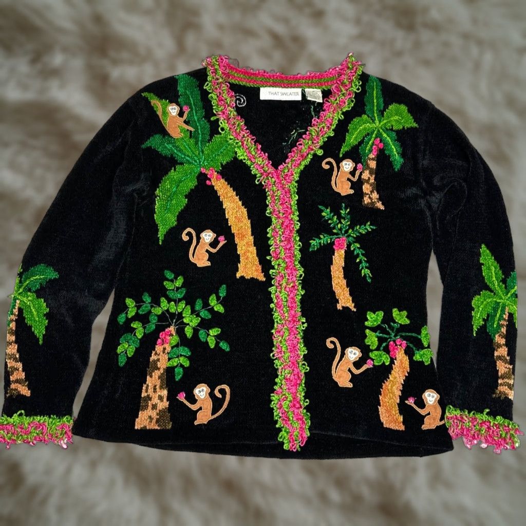 Vintage That Sweater Womens Sweater Black M Monkey Chenille Art To Wear Pullover Size M / US 6-8 / IT 42-44 - 1 Thumbnail