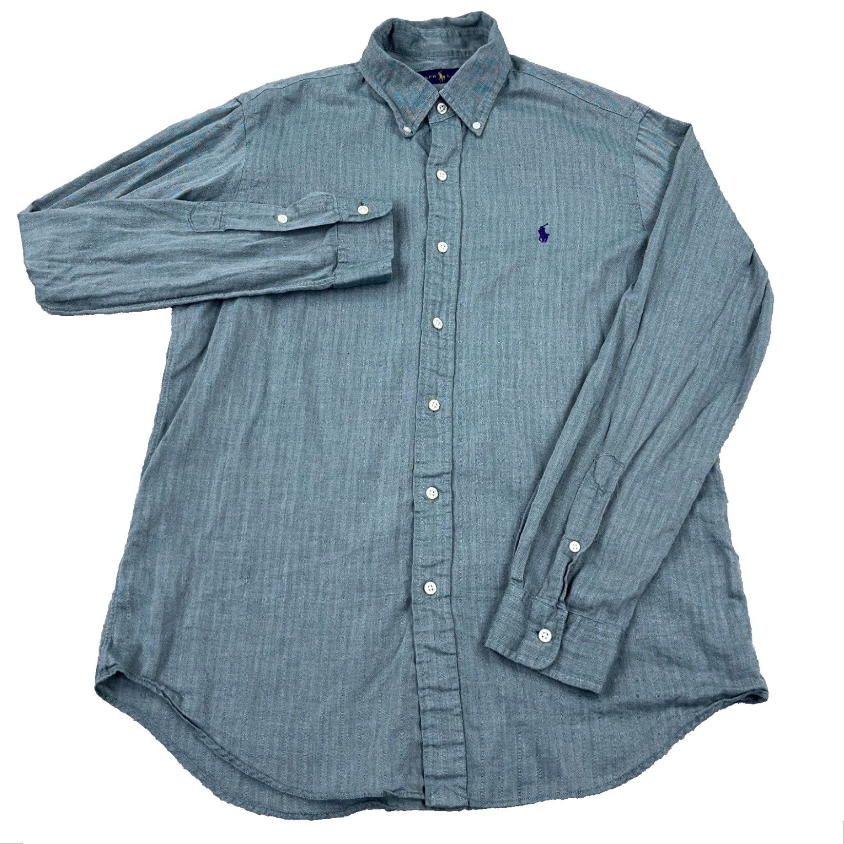 Ralph Lauren Ralph Lauren Button-Up Shirt Men Medium Green Herringbone Lightweight Cotton Casual Dress Size 40R - 2 Thumbnail