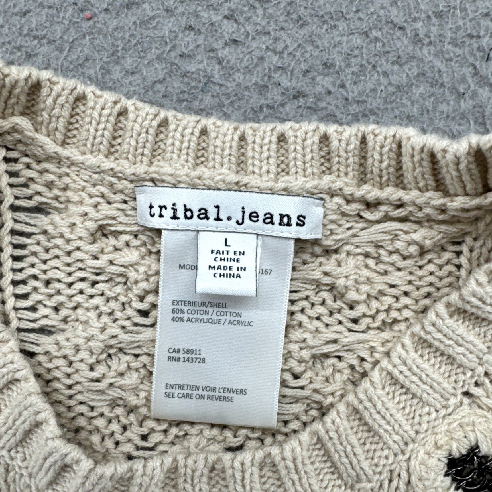 Vintage Tribal Jeans Womens Beige Open-Knit Embellished Long Sleeve Pullover Sweater Size L Size L / US 10 / IT 46 - 3 Thumbnail