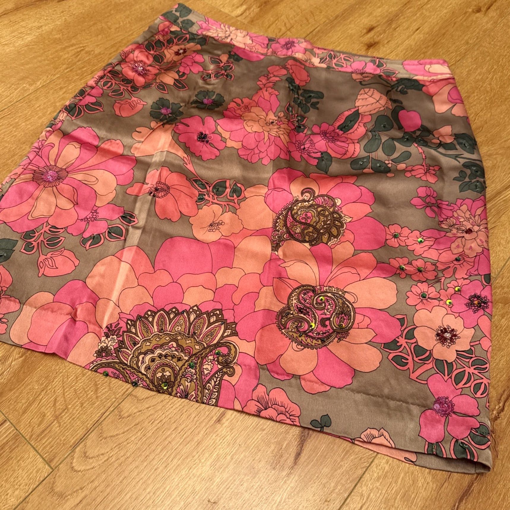 Pinko VINTAGE Plenty Silk Pencil Skirt Beaded Floral Satin Pink 90s Y2K Knee Length Womens Regular Large Yellow Size 36" / US 14 / IT 50 - 2 Thumbnail