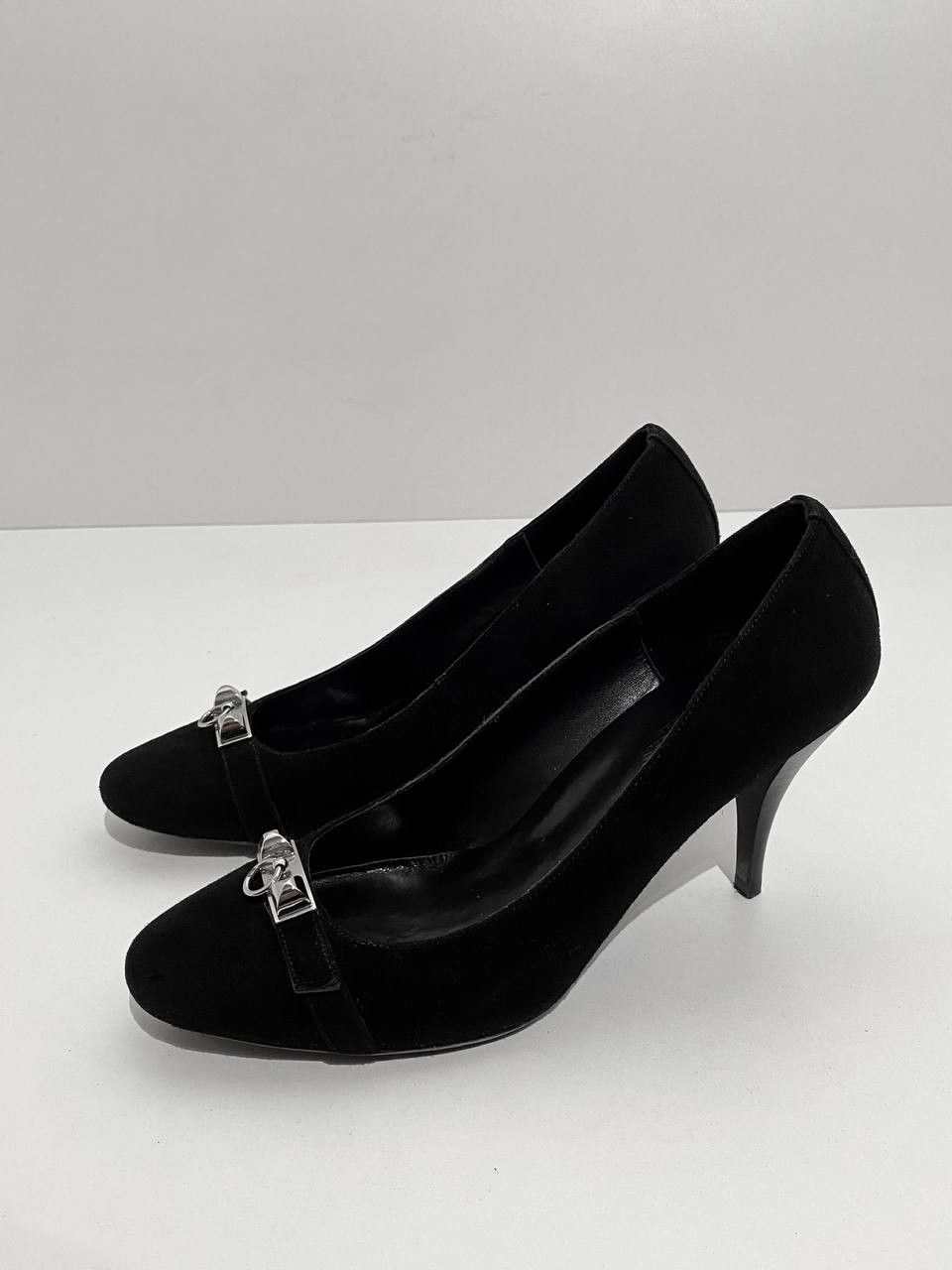 Hermes Hermes Collier Chien Black Suede Leather Silver Logo Heels Size US 7 / IT 37 - 3 Thumbnail