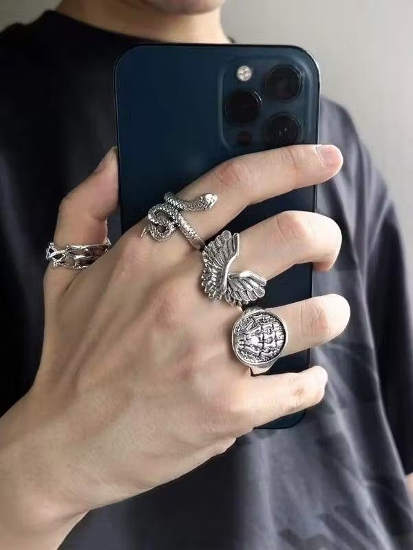 Jewelry × Vintage Retro Punk Gothic Silver 4pc Ring Set Size ONE SIZE - 1 Thumbnail