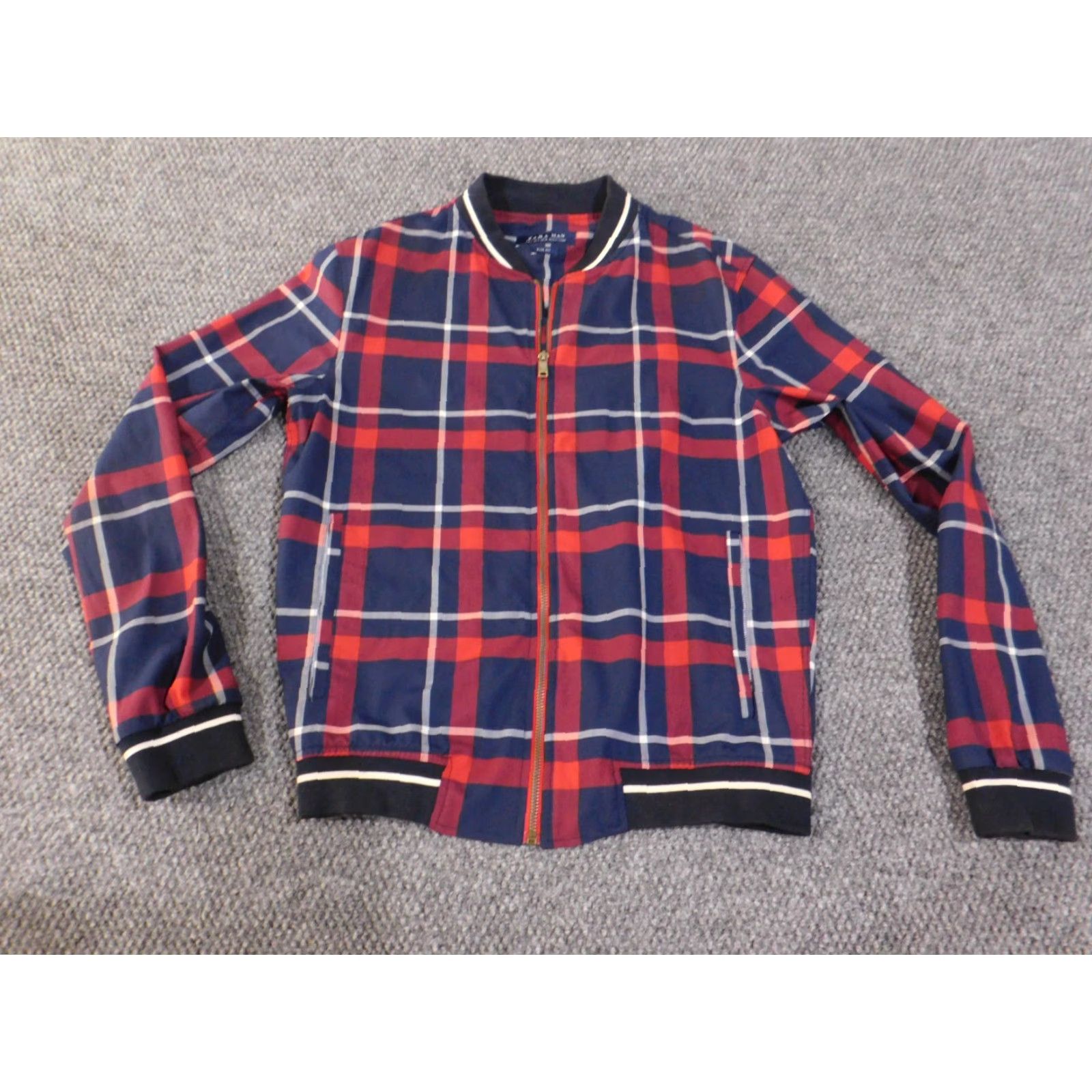 Zara Jacket Men Bomber City Red Slim Fit Zip Plaid Mid-Length Casual Lined Softshell Stretch Regular Size S