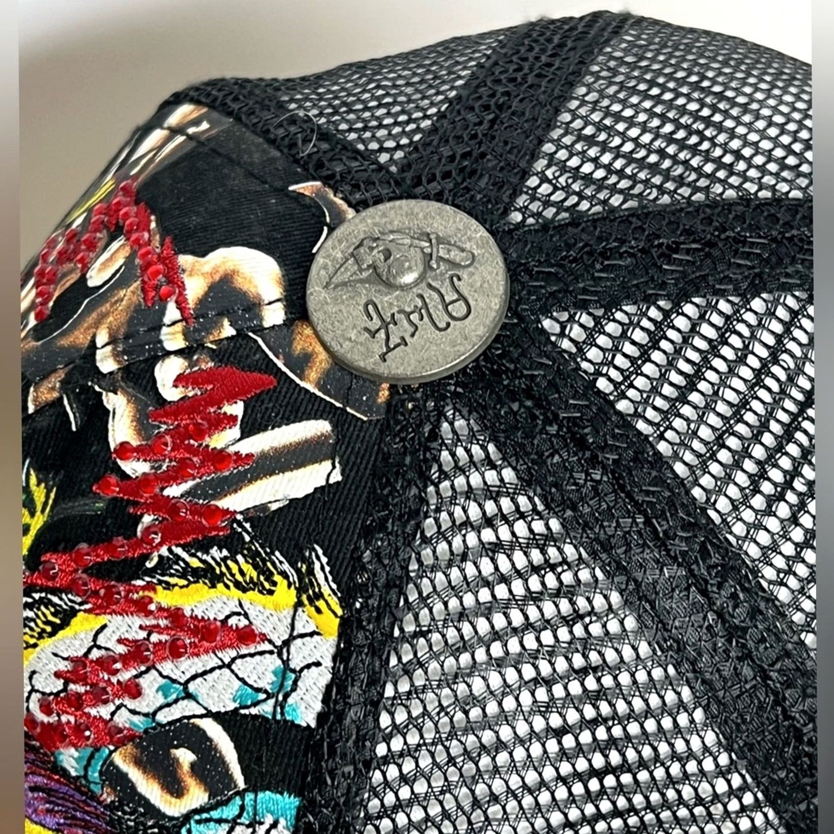 Ed Hardy Ed Hardy Black Trucker Cap Snapback Hat - Dragon Studded Bling Embroidered - Mens One Size Size ONE SIZE - 5 Thumbnail