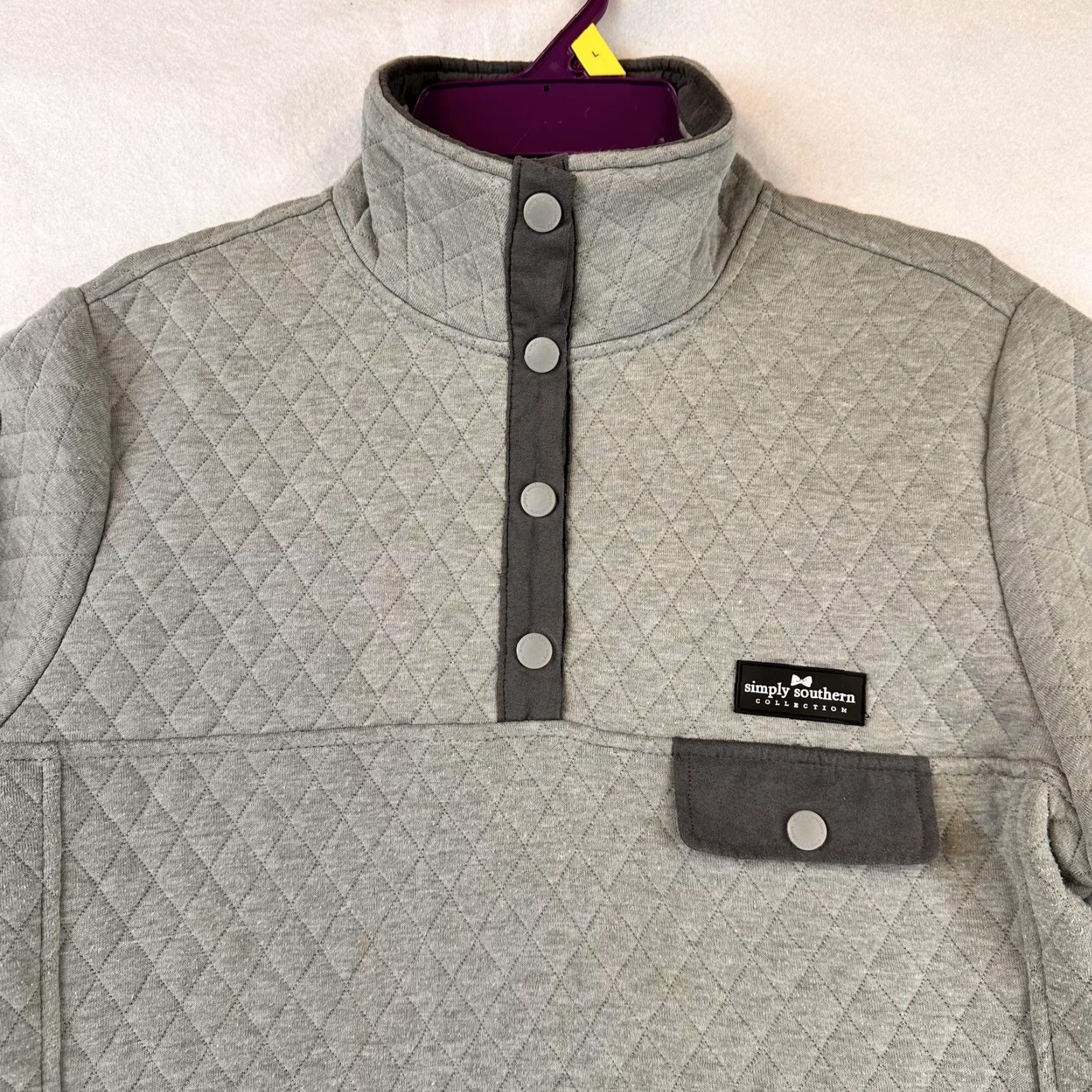 Vintage Simply Southern Sweatshirt Womens M Gray Quilted Snap Pullover Mock Neck Argyle/Diamond Size M / US 6-8 / IT 42-44 - 2 Thumbnail