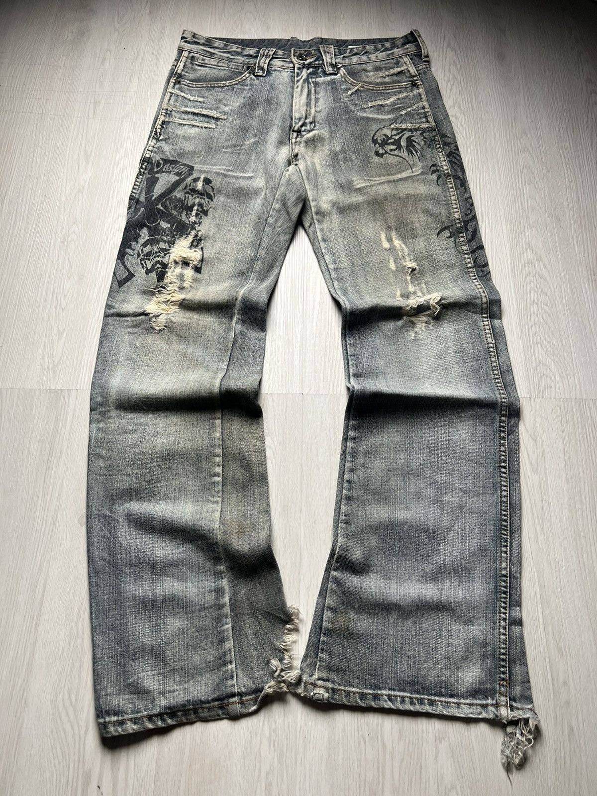If Six Was Nine Semantic Design Tribal Tatto Printed Destroyed Flare Jeans Size US 32 / EU 48 - 1 Thumbnail