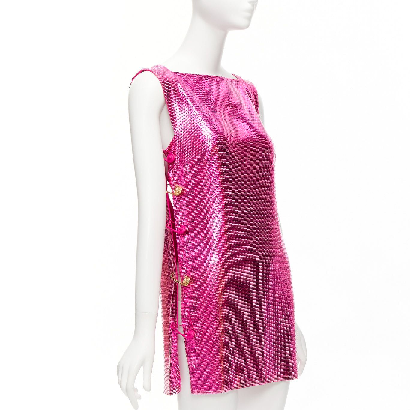 image of Versace 2022 Runway Pink Metal Mesh Chainmail Medusa Safety Pin Mini Dress It38 Xs, Women's